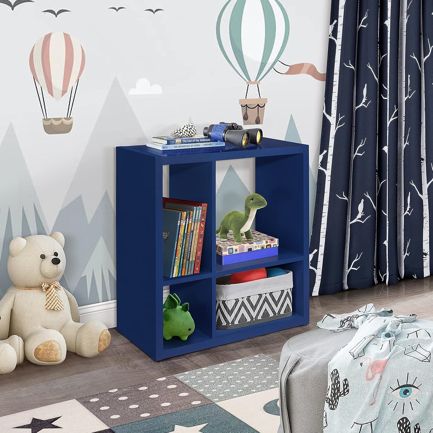 Kings Brand Furniture - Katelyn 4-Cube Open Bookcase, Kids Toy Storage Shelf Organizer (Blue)