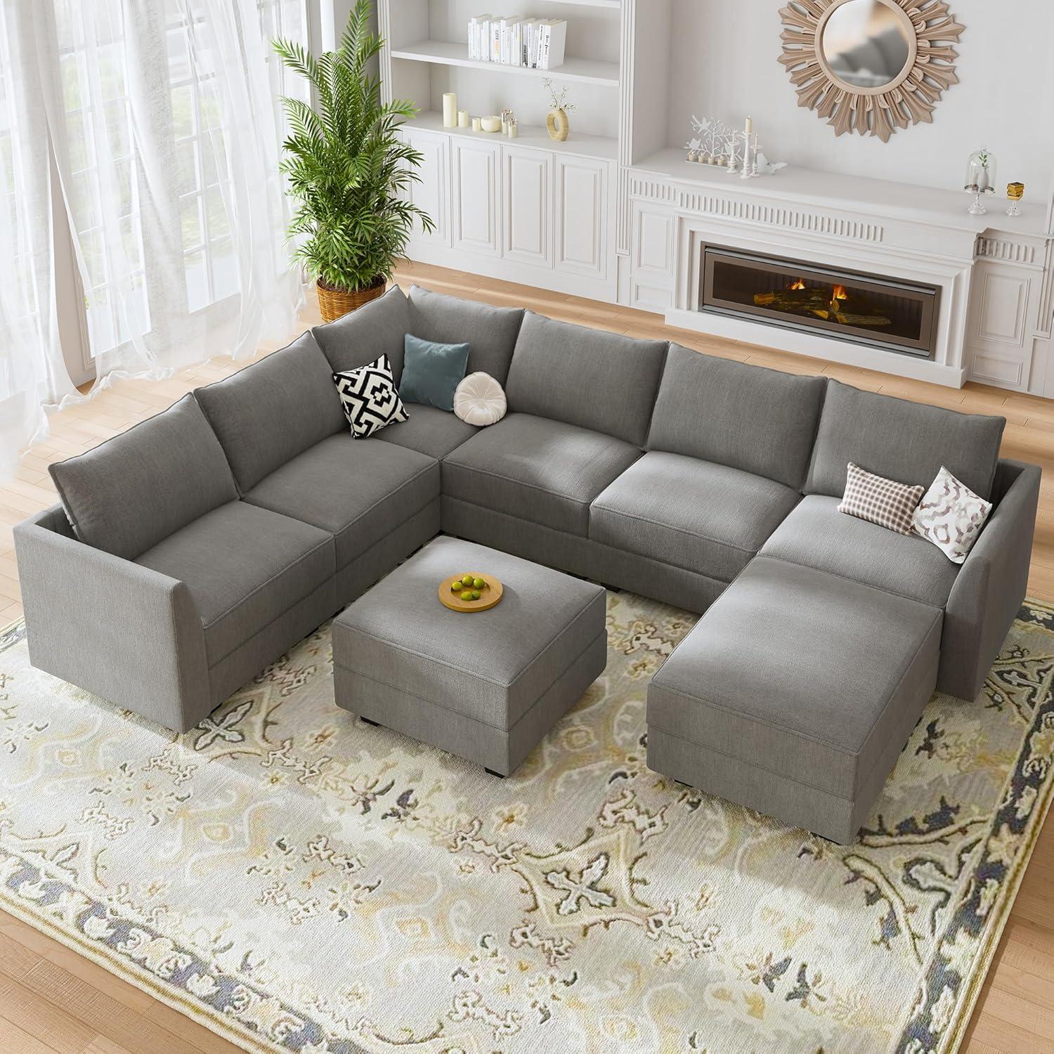 HONBAY U Shape Modular Sectional Sofa with 7 Seaters Sofa Couch with Storage Reversible Chaises, Grey