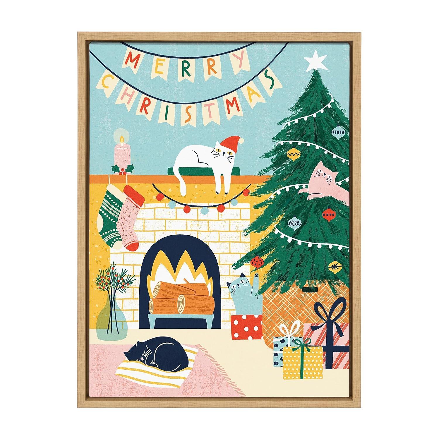 Kate and Laurel Sylvie TG Christmas Cats Framed Canvas Wall Art by Tania García, 18x24 Natural, Colorful Christmas Animal Art for Wall