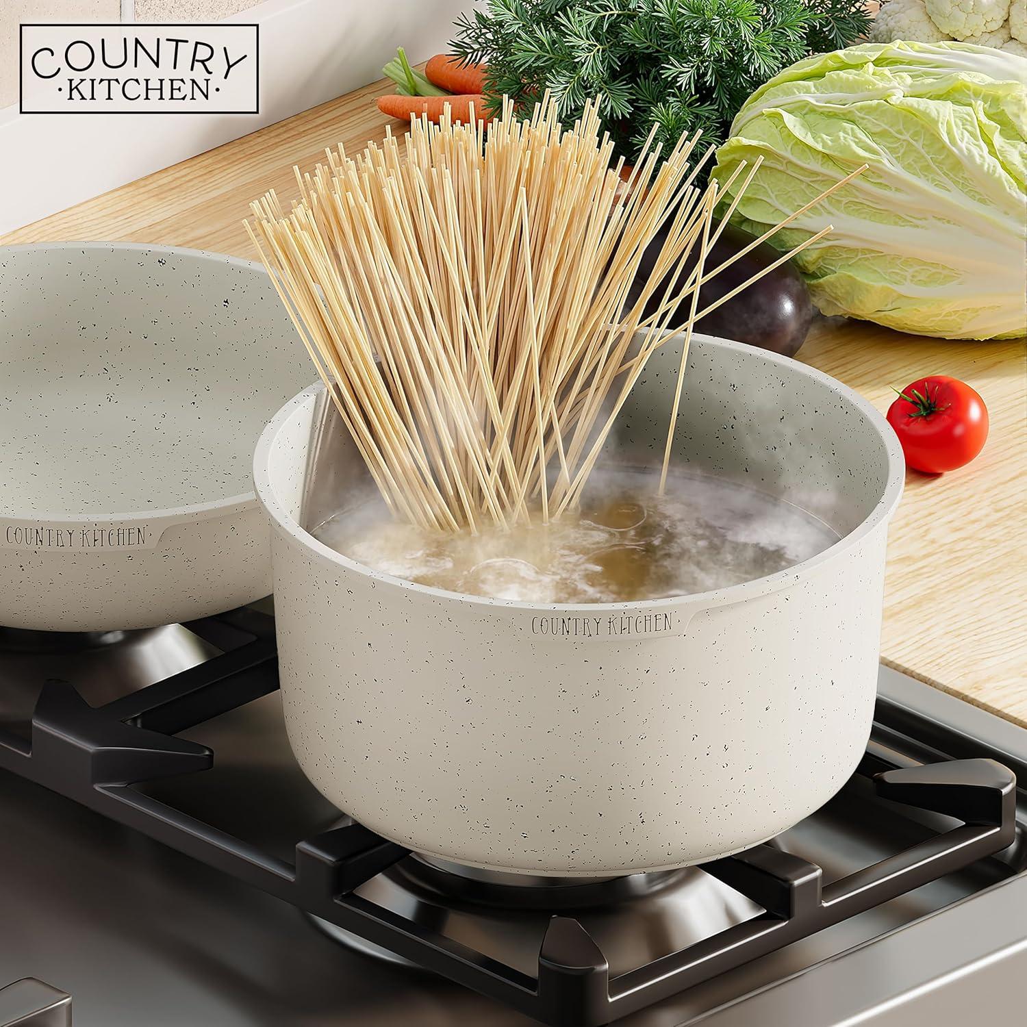 Country Kitchen 13-Pc Pots and Pans Set with Removable Handles Nonstick Cookware Set, Cream