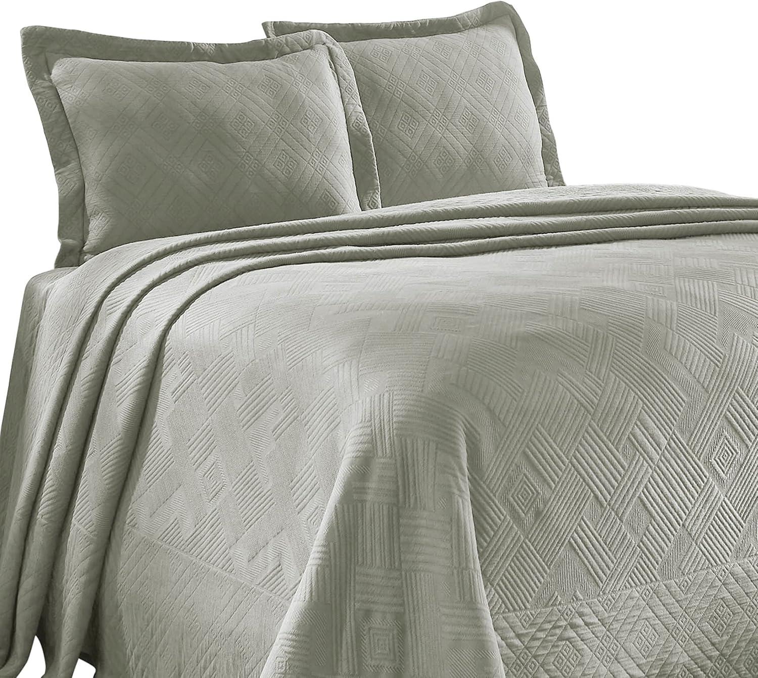 Ivory Cotton Twin Bedspread Set with Geometric Jacquard Matelasse