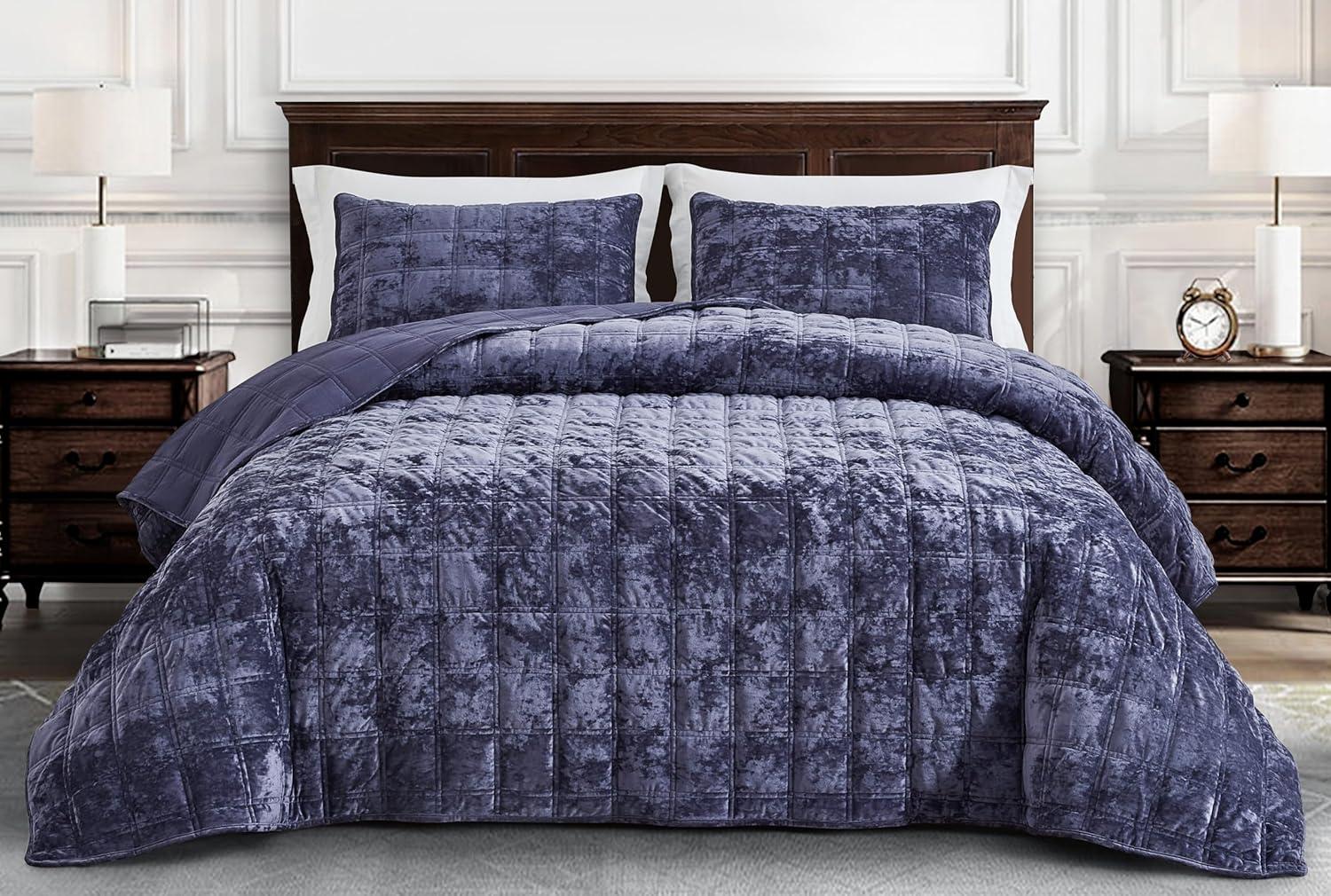 Piers Queen Purple Velvet Reversible Quilt Set