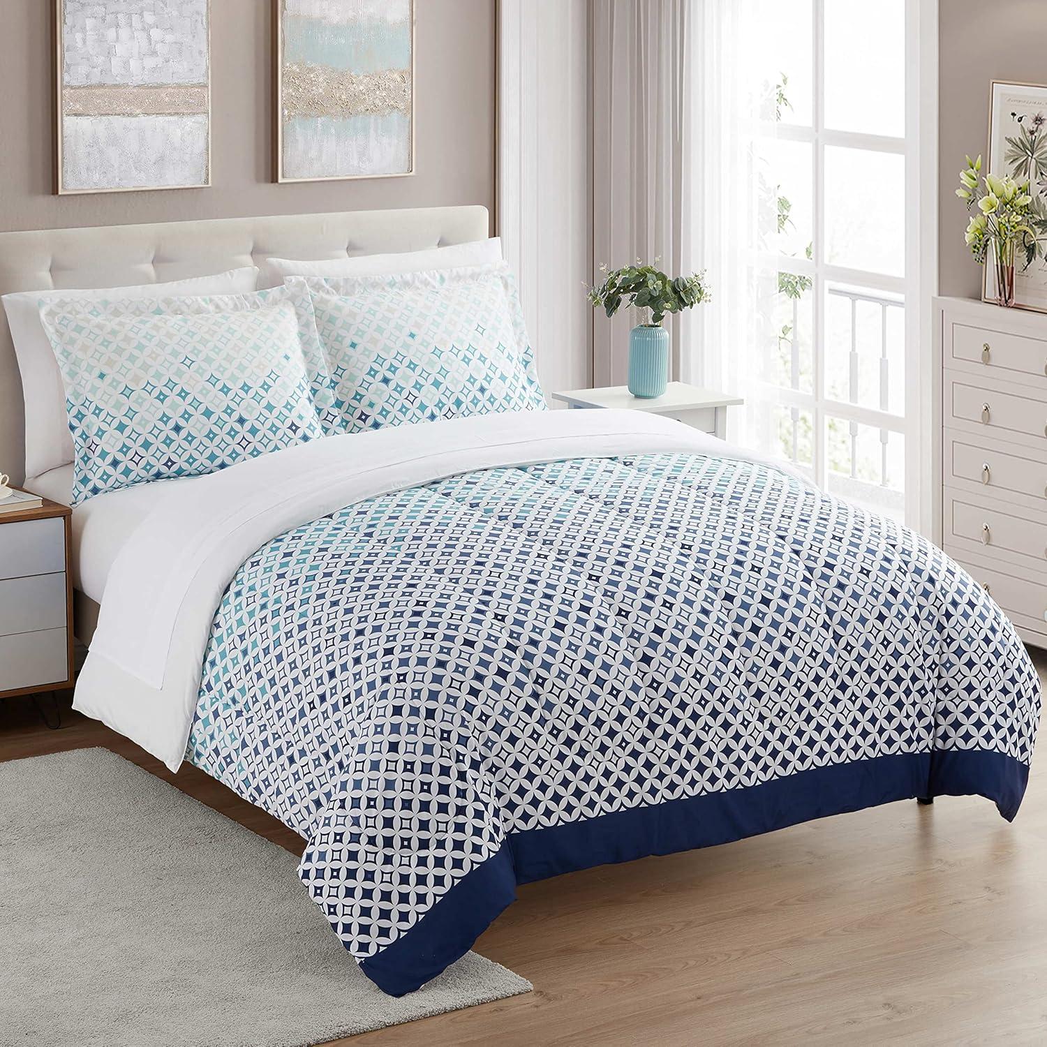 Genova Blue and White Reversible Microfiber Queen Duvet Set