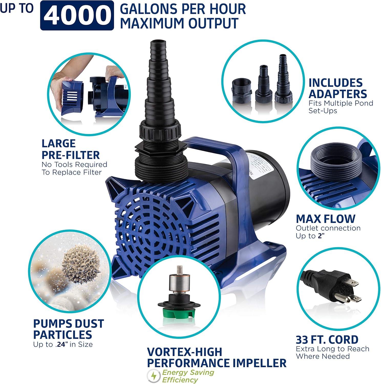 4000GPH Cyclone Pump, Submersible, Energy-Efficient, Ceramic Shaft, Vortex Impeller, Easy Install - Alpine Corporation