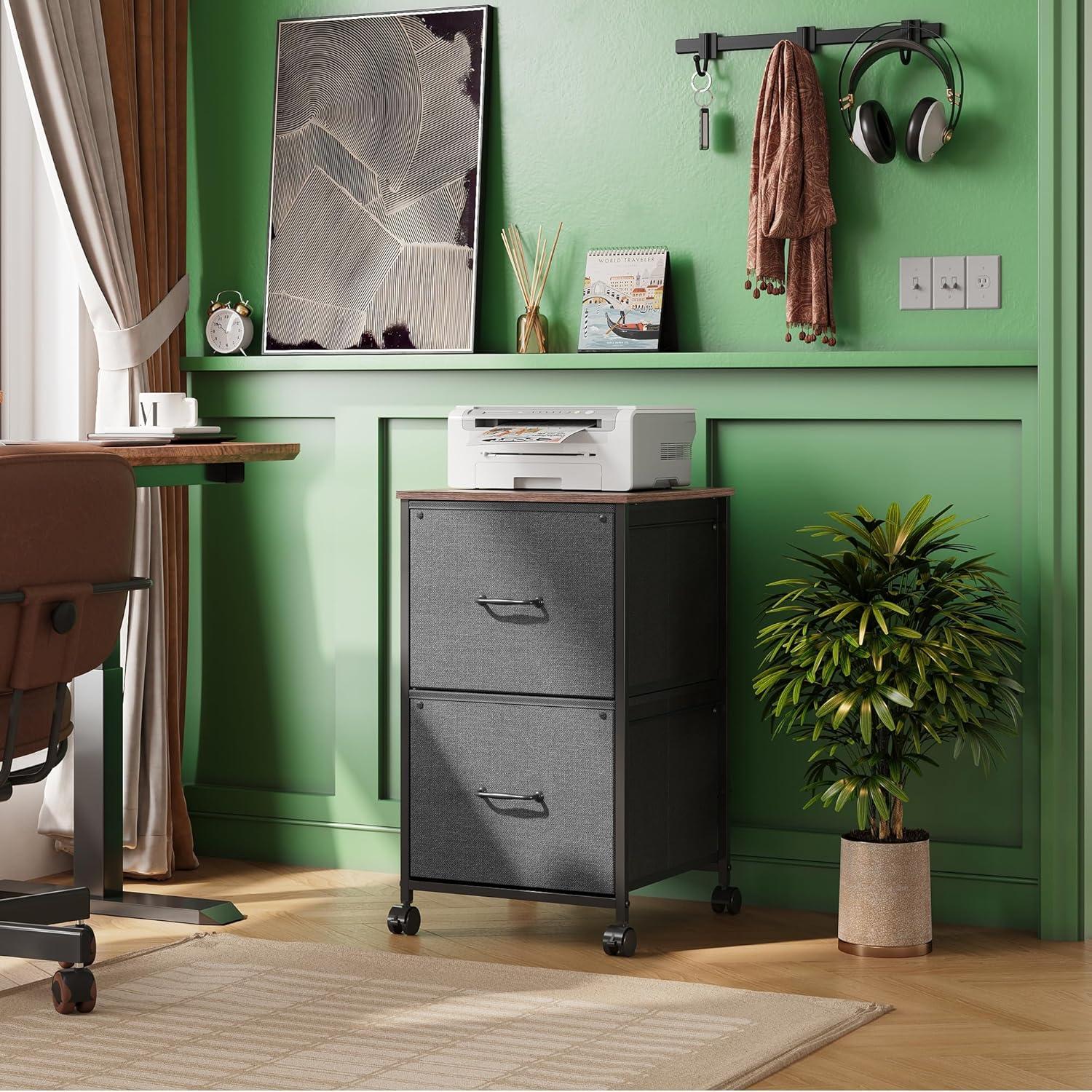 DEVAISE 2 Drawer Mobile File Cabinet, Rolling Printer Stand, Fabric Vertical Filing Cabinet fits A4 or Letter Size for Home Office, Rustic Brown