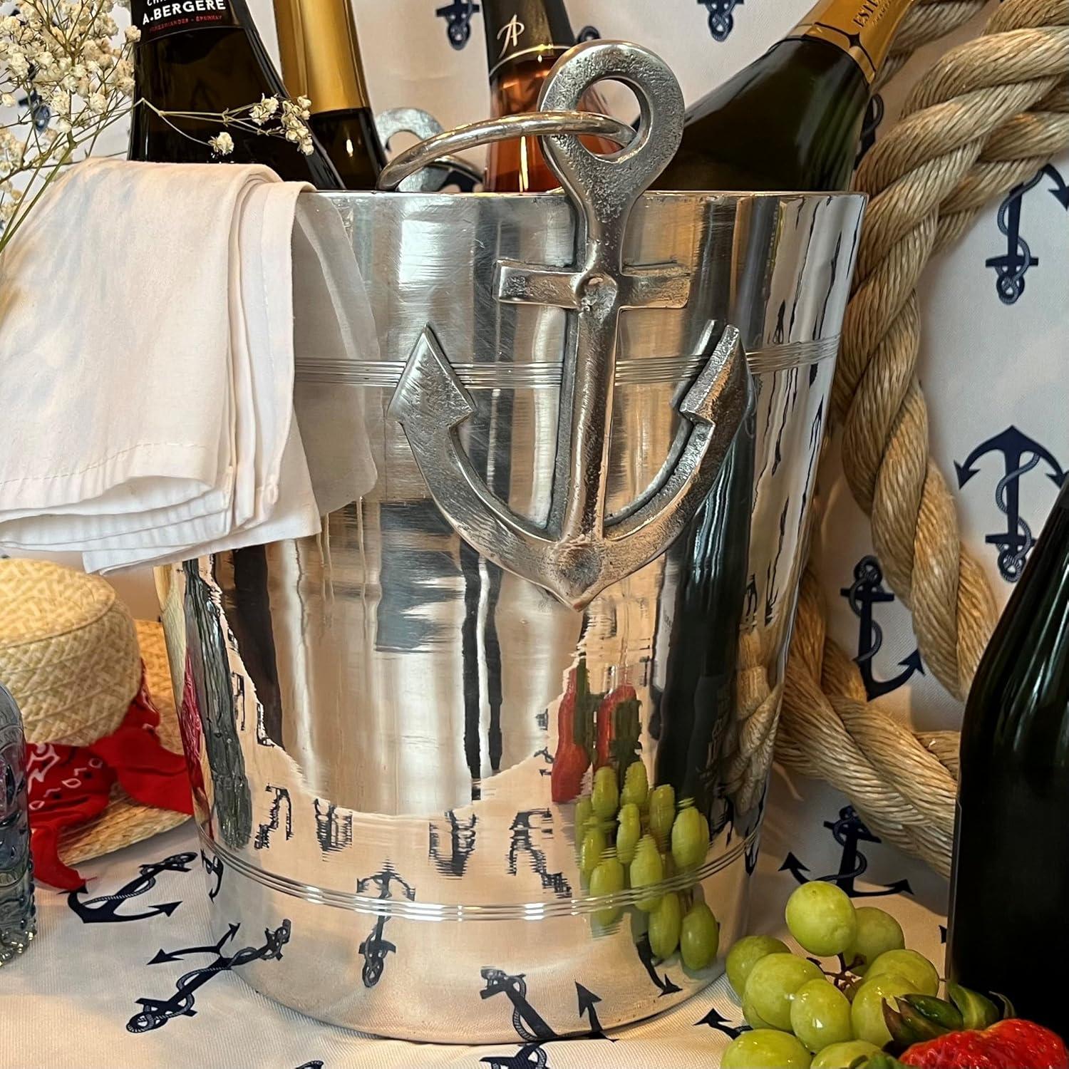 Anchors Ice Bucket, Luxury Wine Cooler with Handles and Loops, Aluminum, 12.25 Inches