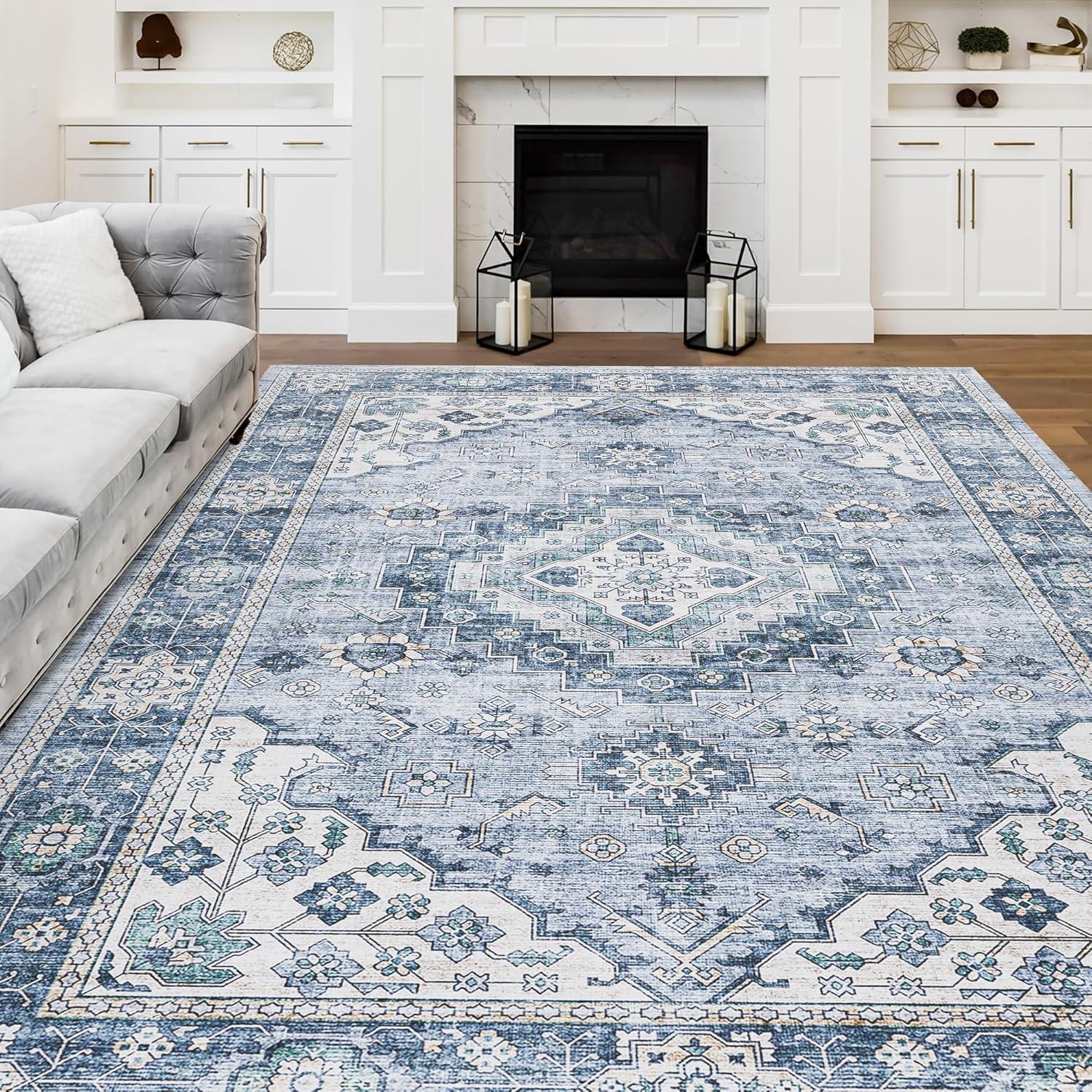 GlowSol 8x10 Floral Area Rug for Living Room Bedroom Retro Distressed Area Rug Traditional Medallion Non-Slip Low Pile Carpet Floor Decoration, Blue