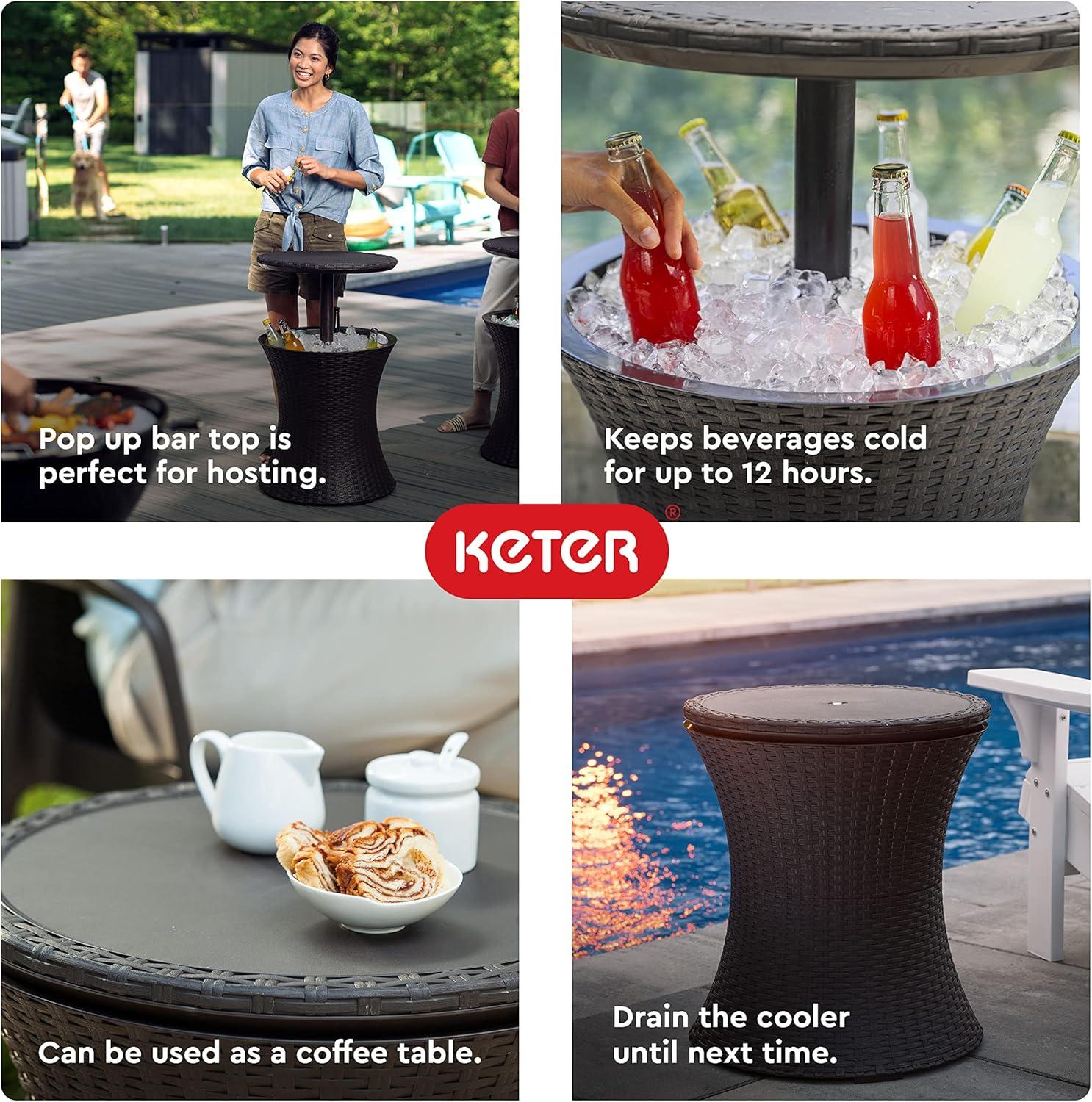 Keter Pacific 7.5 Gallon Cool Bar 2 in 1 Weather Resistant Side Table and Bar Durable Resin Outdoor Patio Beverage Cooler Table, Rattan Look Dark Grey