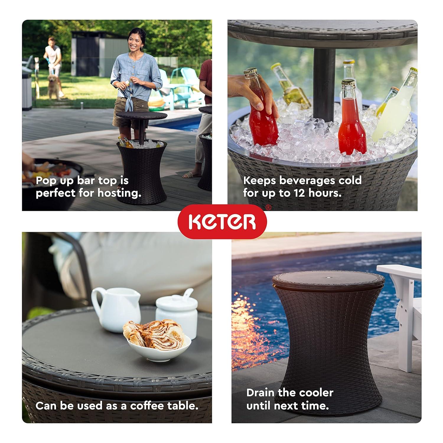Keter Pacific 7.5 Gallon Cool Bar 2 in 1 Weather Resistant Side Table and Bar Durable Resin Outdoor Patio Beverage Cooler Table, Rattan Look Dark Grey