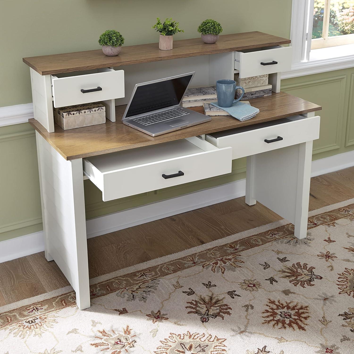 Portsmouth Coastal White Writing Desk with Oak Veneer Hutch