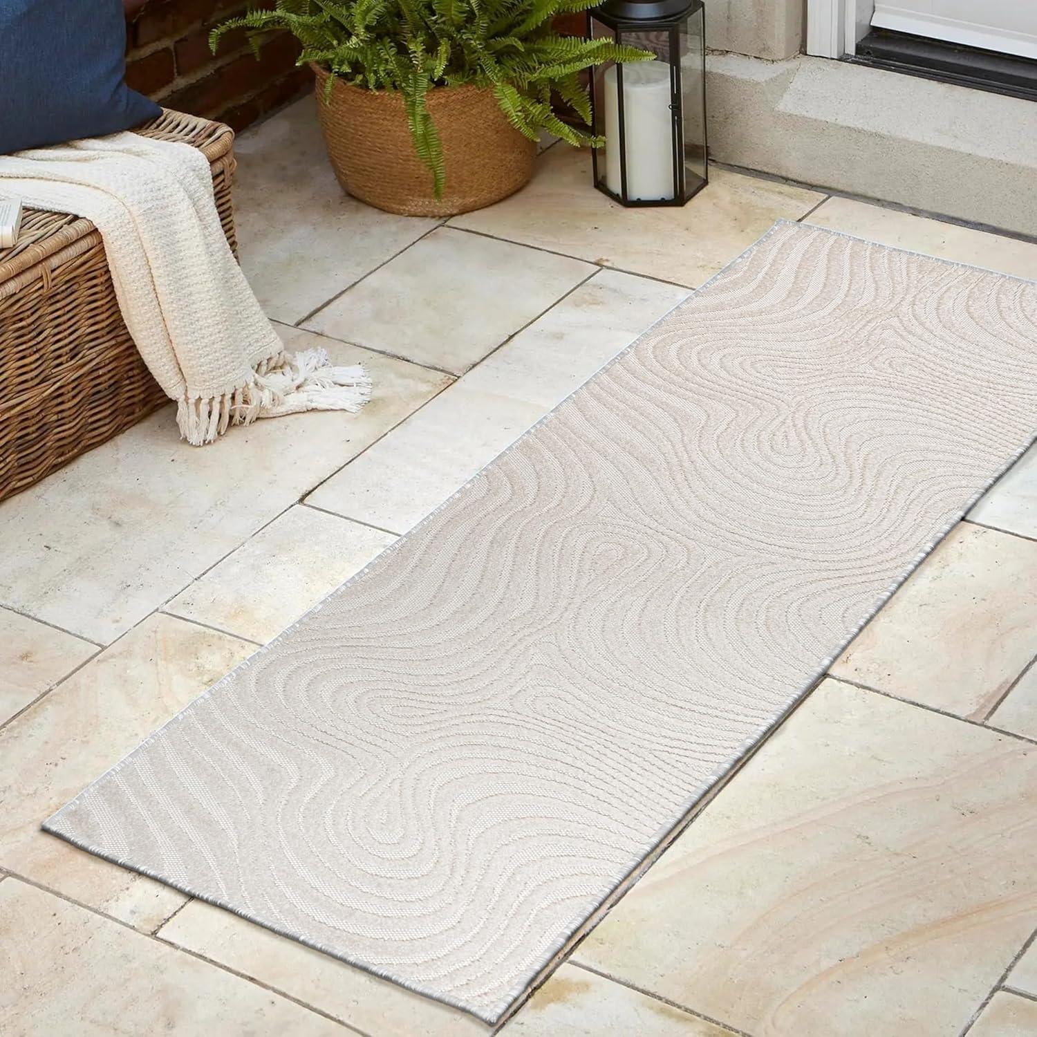 JONATHAN Y Maribo High-Low Abstract Groovy Striped Cream/Ivory 2 ft. x 8 ft. Indoor/Outdoor Runner Rug