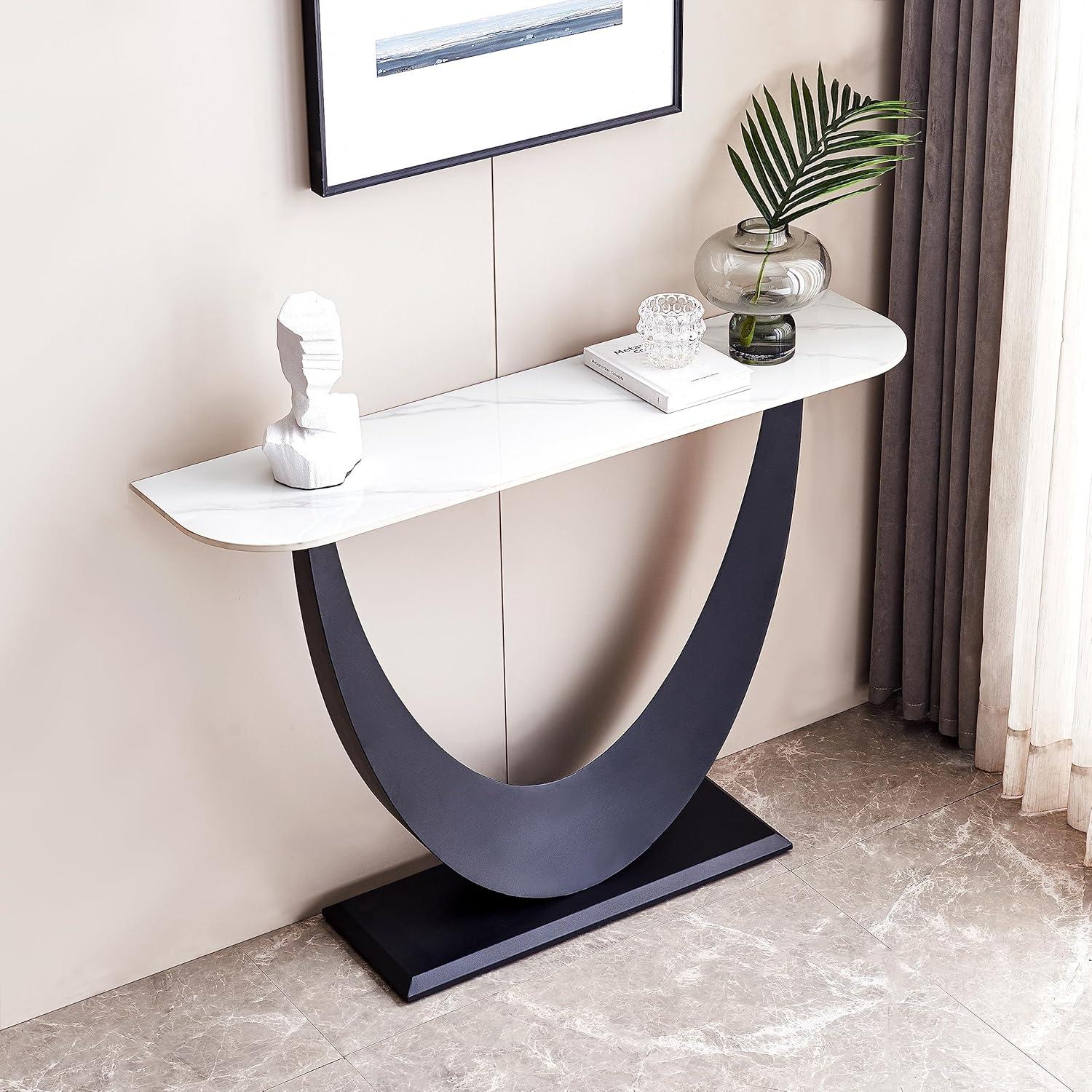 47'' Black and White Sintered Stone Console Table with Metal Base