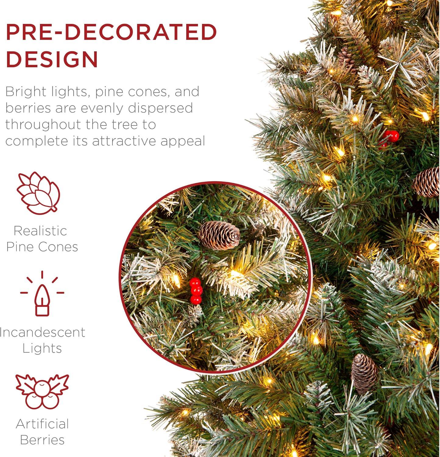 Best Choice Products Pre-Lit Pre-Decorated Holiday Christmas Tree w/ Flocked Tips, Lights, Base