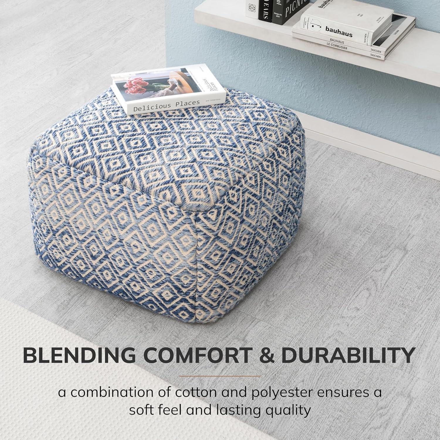 Chero Distressed Diamond 22" Square Pouf Ottoman Blue and Beige