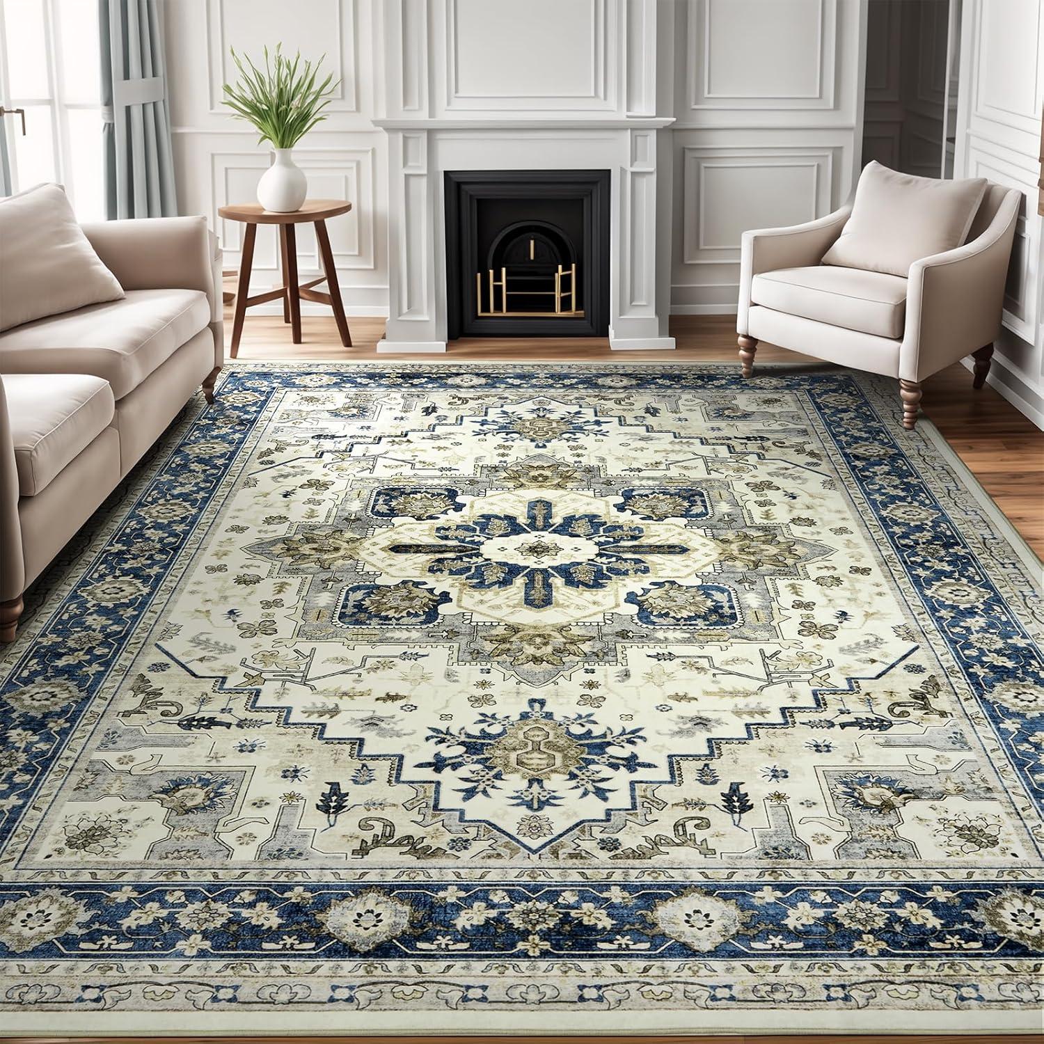 WhizMax 8' x 10' Area Rug for Living Room Bedroom Boho Oriental Rug Distressed Soft Foldable Rug Non Slip Throw Carpet for Dining Room Home Office, Blue