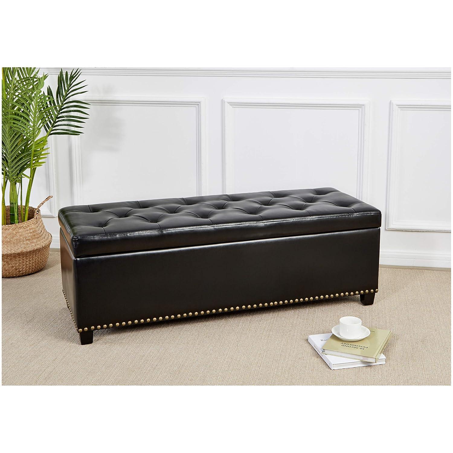 Simpli Home Hamilton 48"W Upholstered Storage Ottoman Bench with Lift-Top Lid, Tufted Design, and Nailhead Trim