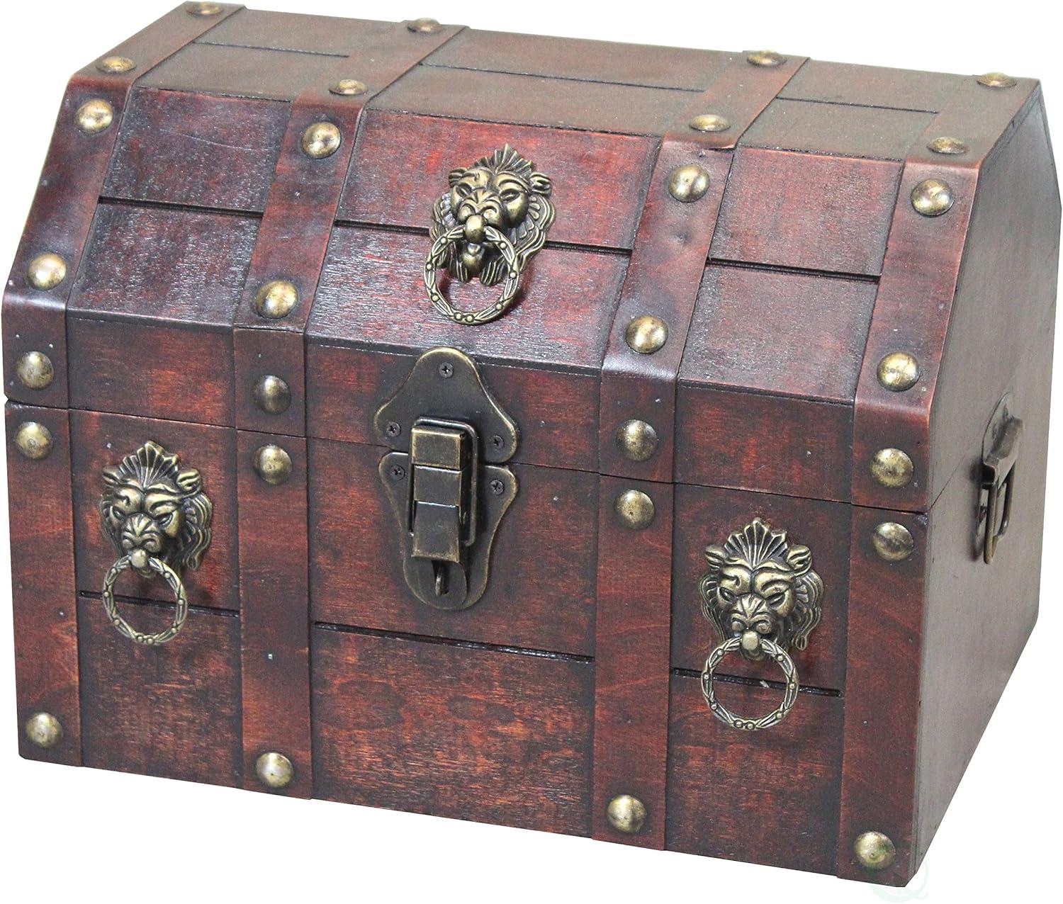 Antique Wooden Pirate Chest with Lion Rings and Lockable Latch