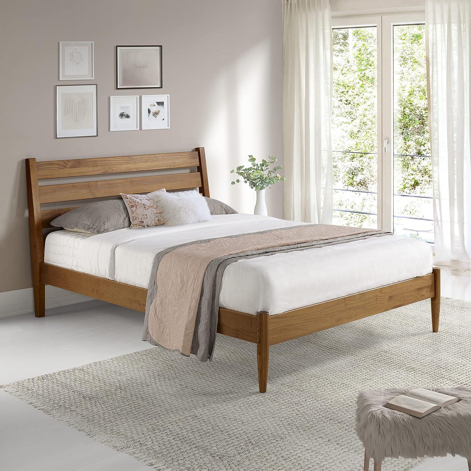 Castanho Brown Mid-Century Modern Queen Platform Bed with Slatted Headboard