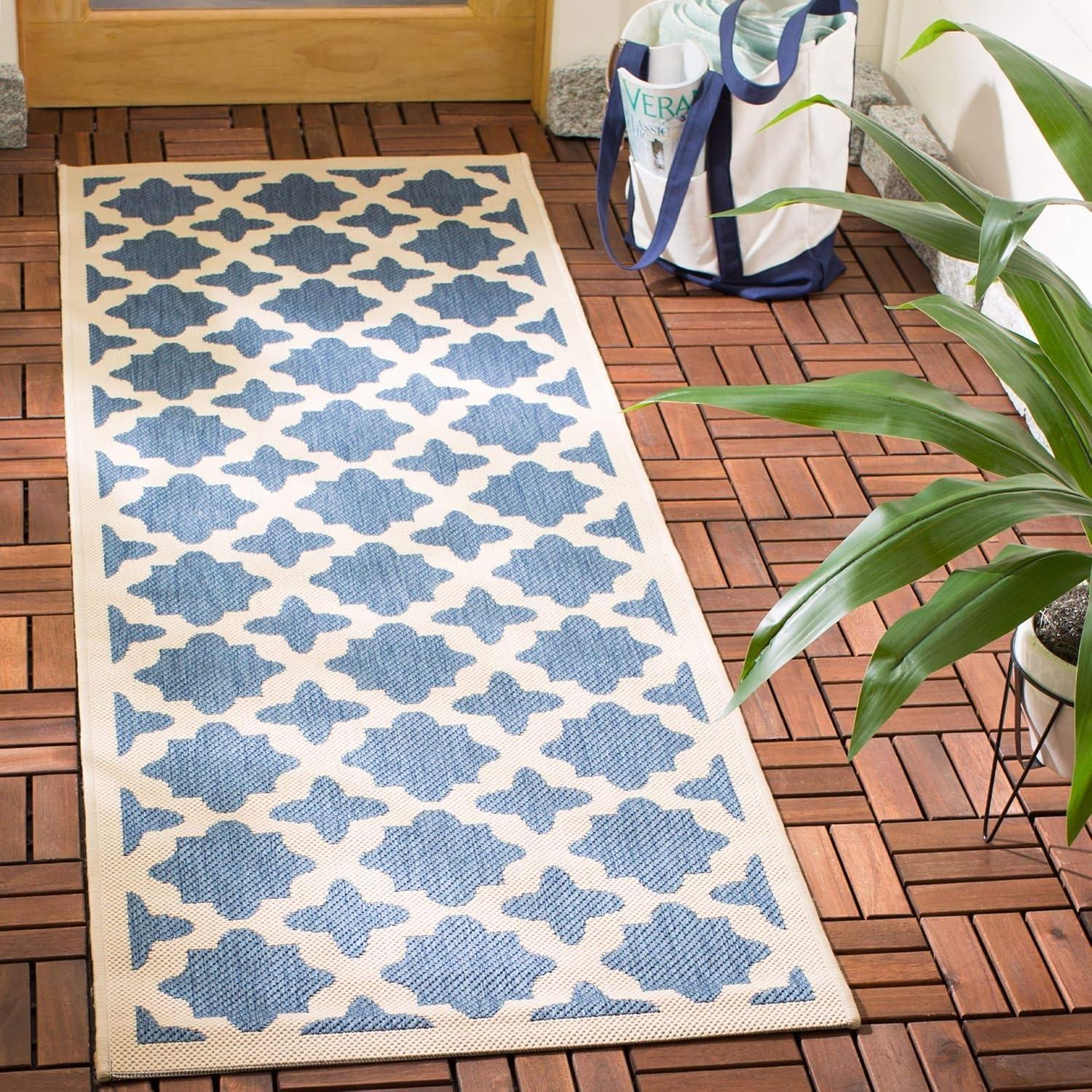 Elegant Blue and Beige 27'' x 120'' Synthetic Indoor/Outdoor Runner Rug