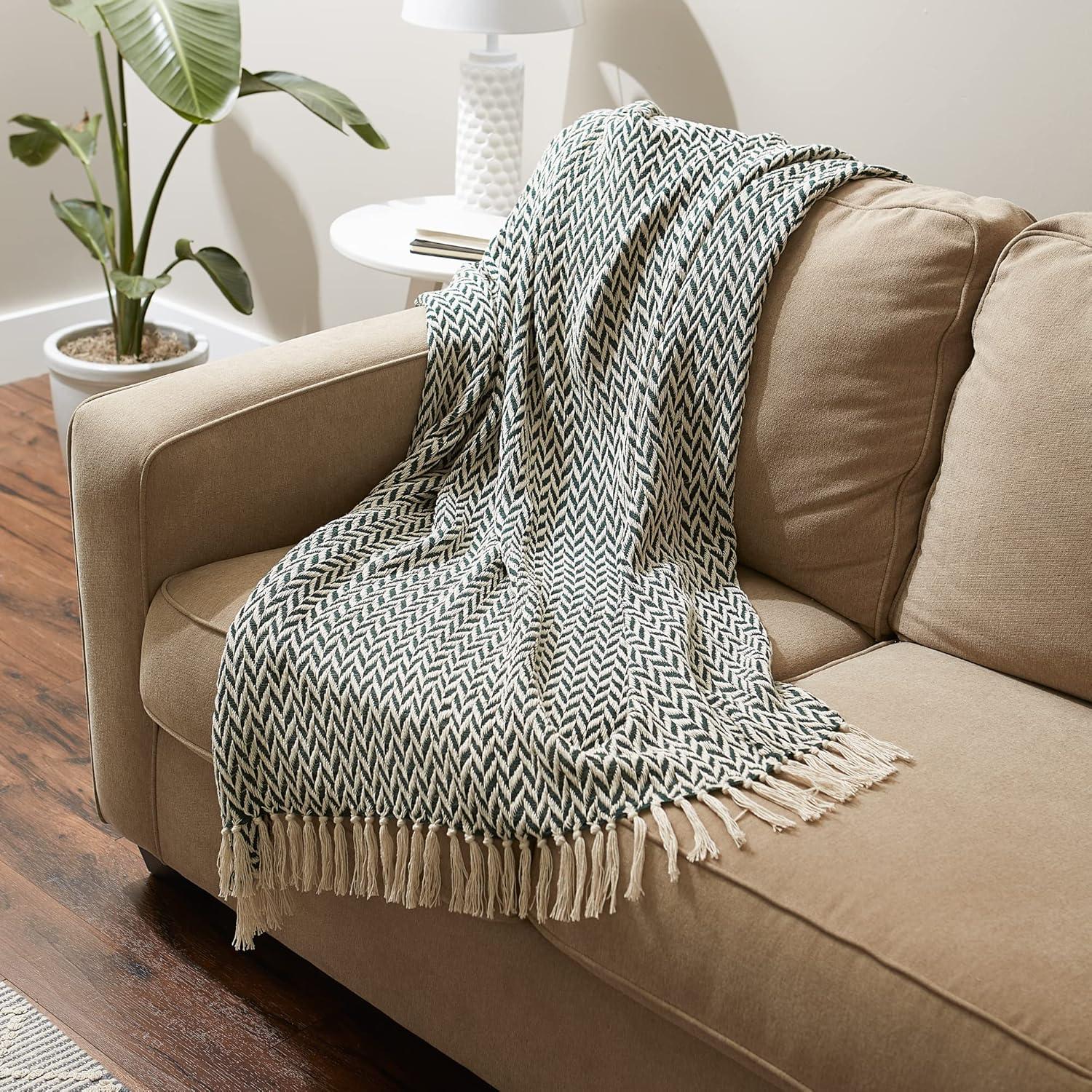 50"x60" Zig-Zag Throw Blanket Hunter Green - Design Imports: Woven Cotton, Fringe Trim