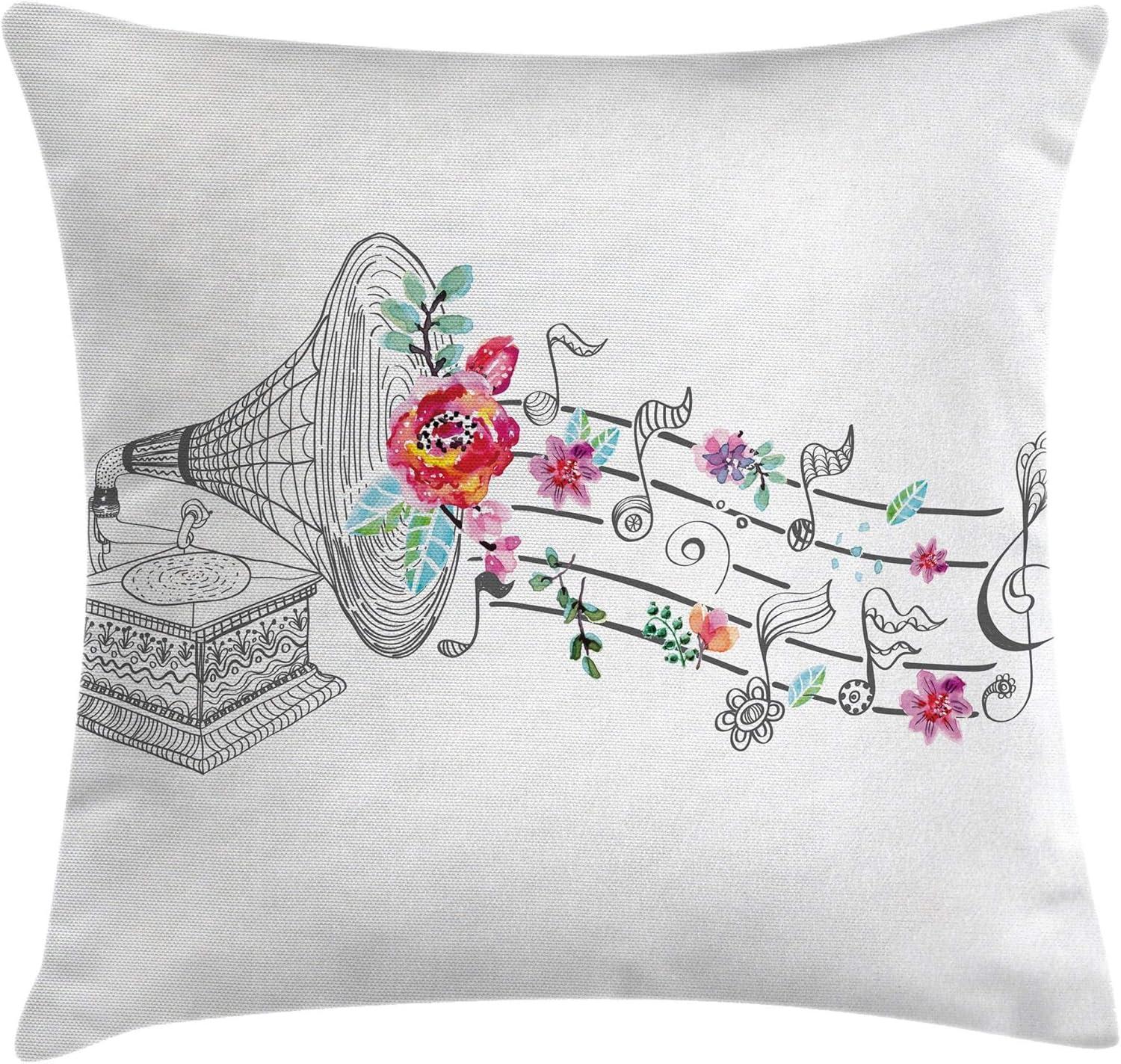Ambesonne Music Throw Pillow Cushion Cover, Vintage Style Gramophone Record Player Floral Ornament Blossom Antique, Decorative Square Accent Pillow Case, 16" X 16", White Pink