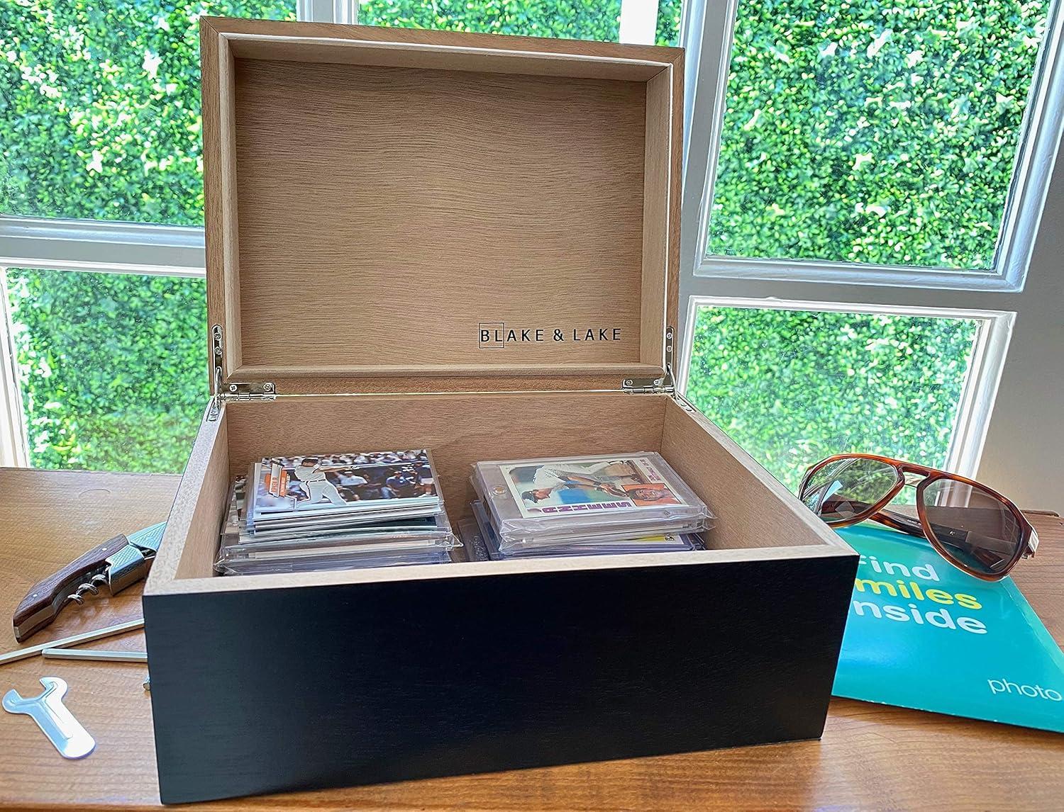 Black Wooden Storage Box with Hinged Lid and Locking Key- Large Keepsake Box with Lock - Wood Chest with Matte Finish - Store Jewelry Keepsakes Photos Gift Boxes (Black)