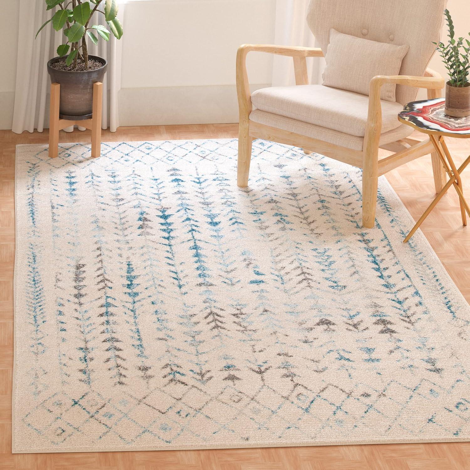 Ivory and Turquoise Moroccan Geometric Area Rug, 8' x 10'