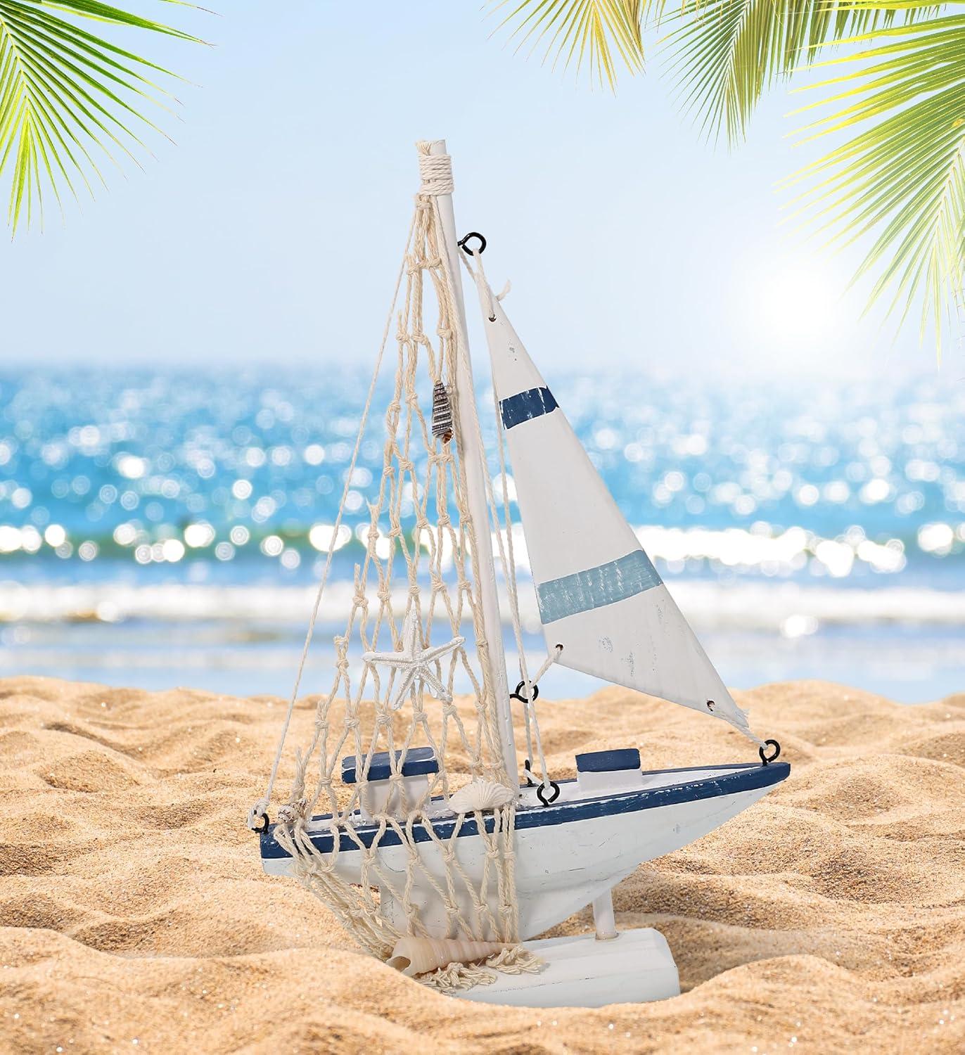 CoTa Global Blue Stripes Sailboat Decor – Handmade Wooden Boat Decor, Cute Beach Style Model Sail Boat Decorations, Nautical Themed Table Top Decor Living Room Centerpiece – 9.75 Inches