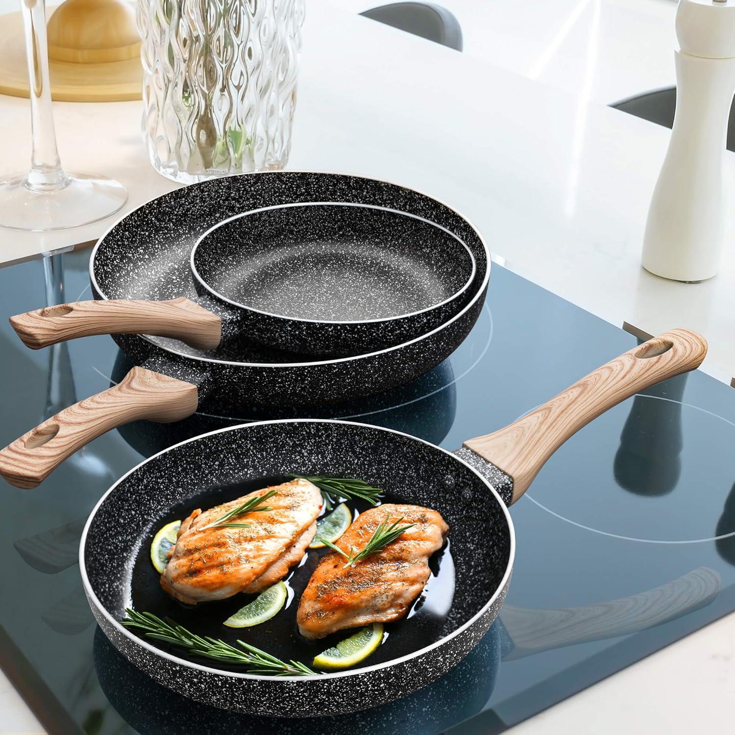 MICHELANGELO Non Stick Frying Pans - 8"+9.5"+11" Nonstick Frying Pan Set with Non-Toxic Stone Coating, Frying Pans Nonstick with Anti-Scald Handle, Induction Compatible