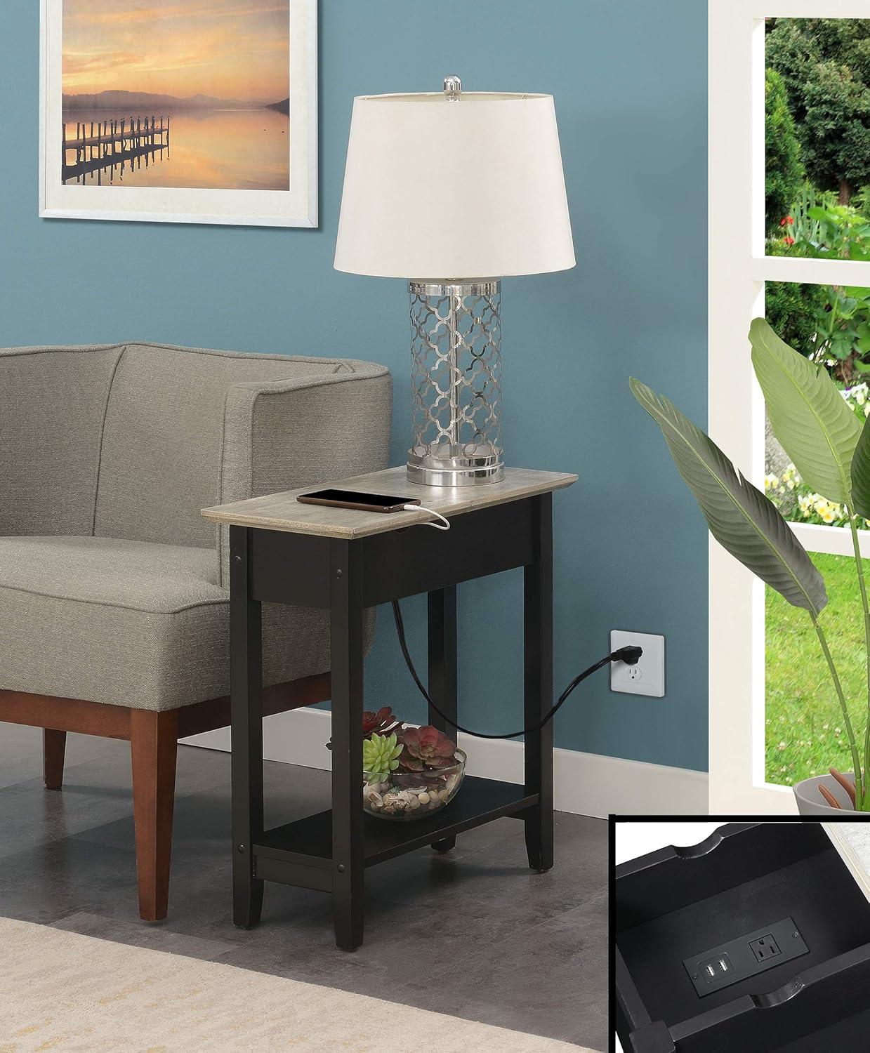 Convenience Concepts American Heritage Flip Top End Table with Charging Station, Faux Birch/Black