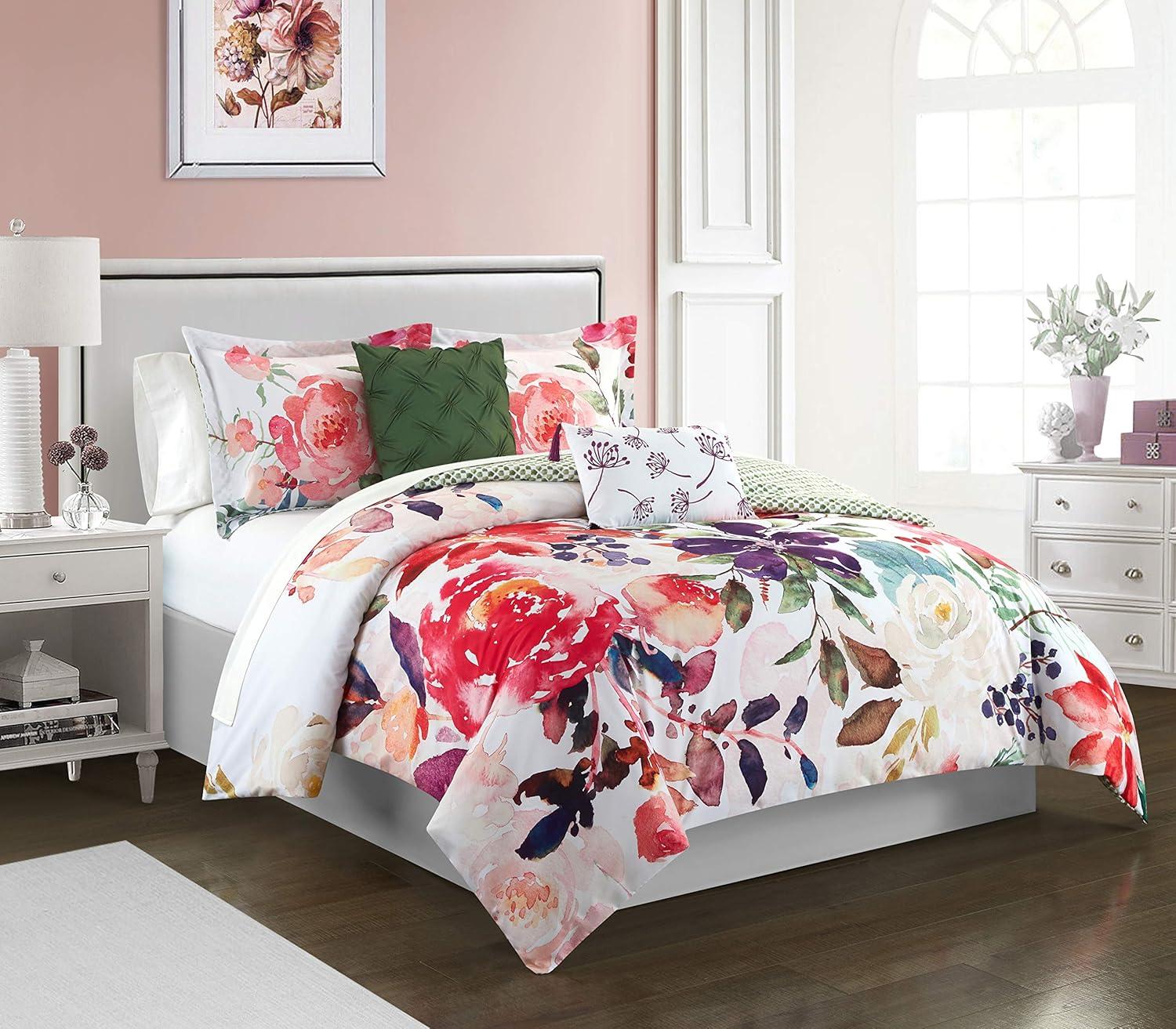 5 Piece Reversible Comforter Set Floral Watercolor Design Bedding