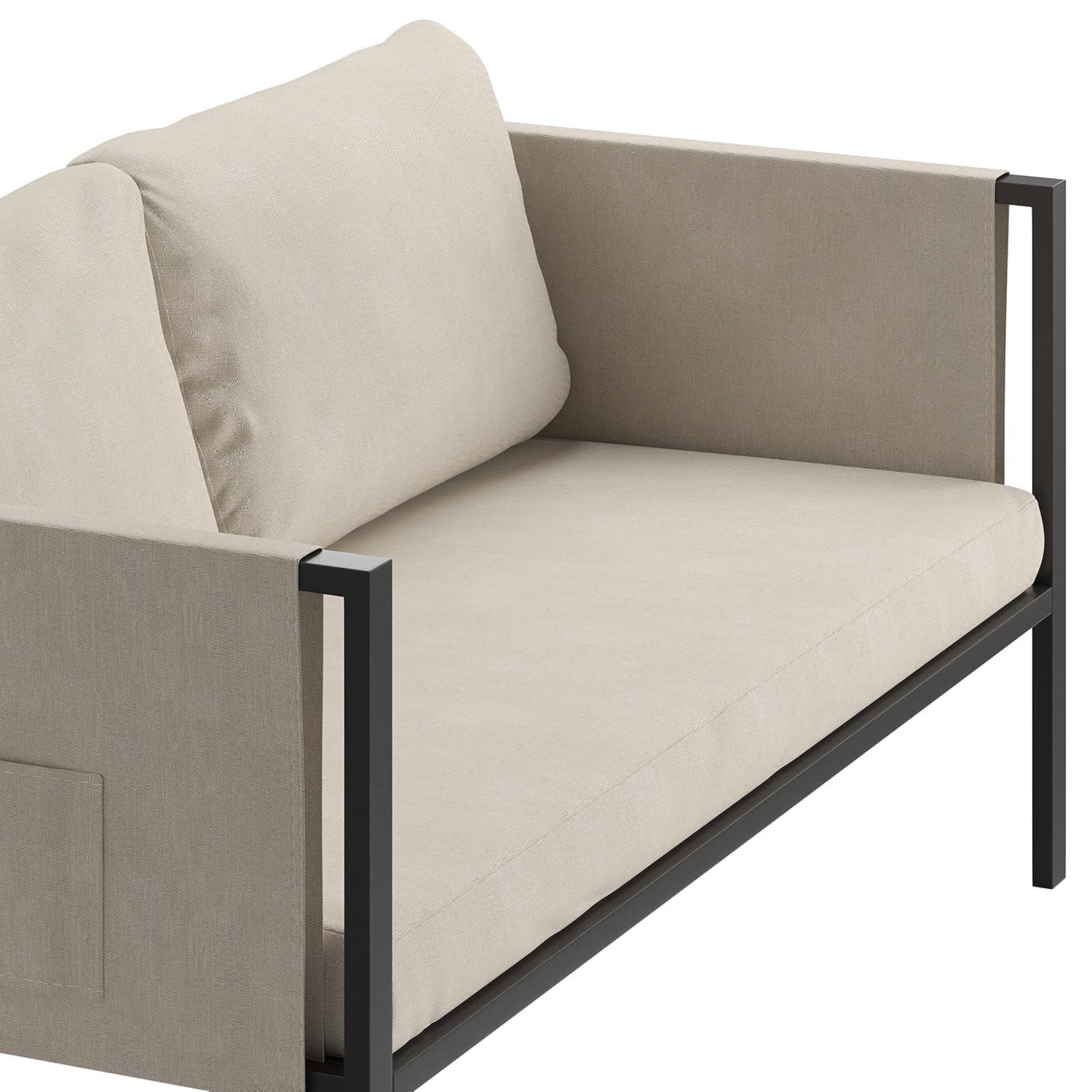 Flash Furniture Lea Indoor/Outdoor Loveseat with Cushions - Modern Steel Framed Chair with Storage Pockets, Black with Beige Cushions
