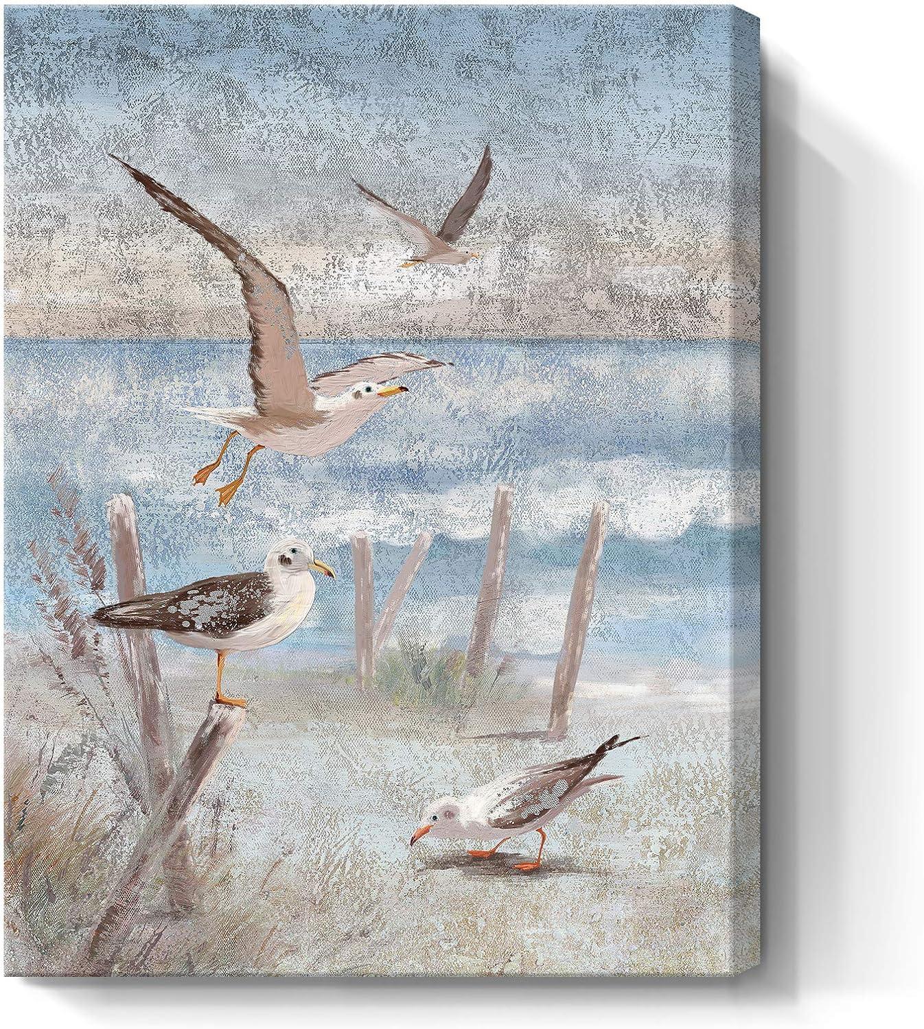 Beach Wall Art Bathroom Decor Ocean Theme Canvas Print Coastal Painting Perching Bird by The Sea Shore Abstract Seascape Picture Artwork for Bedroom Living Room Office Ready to Hang