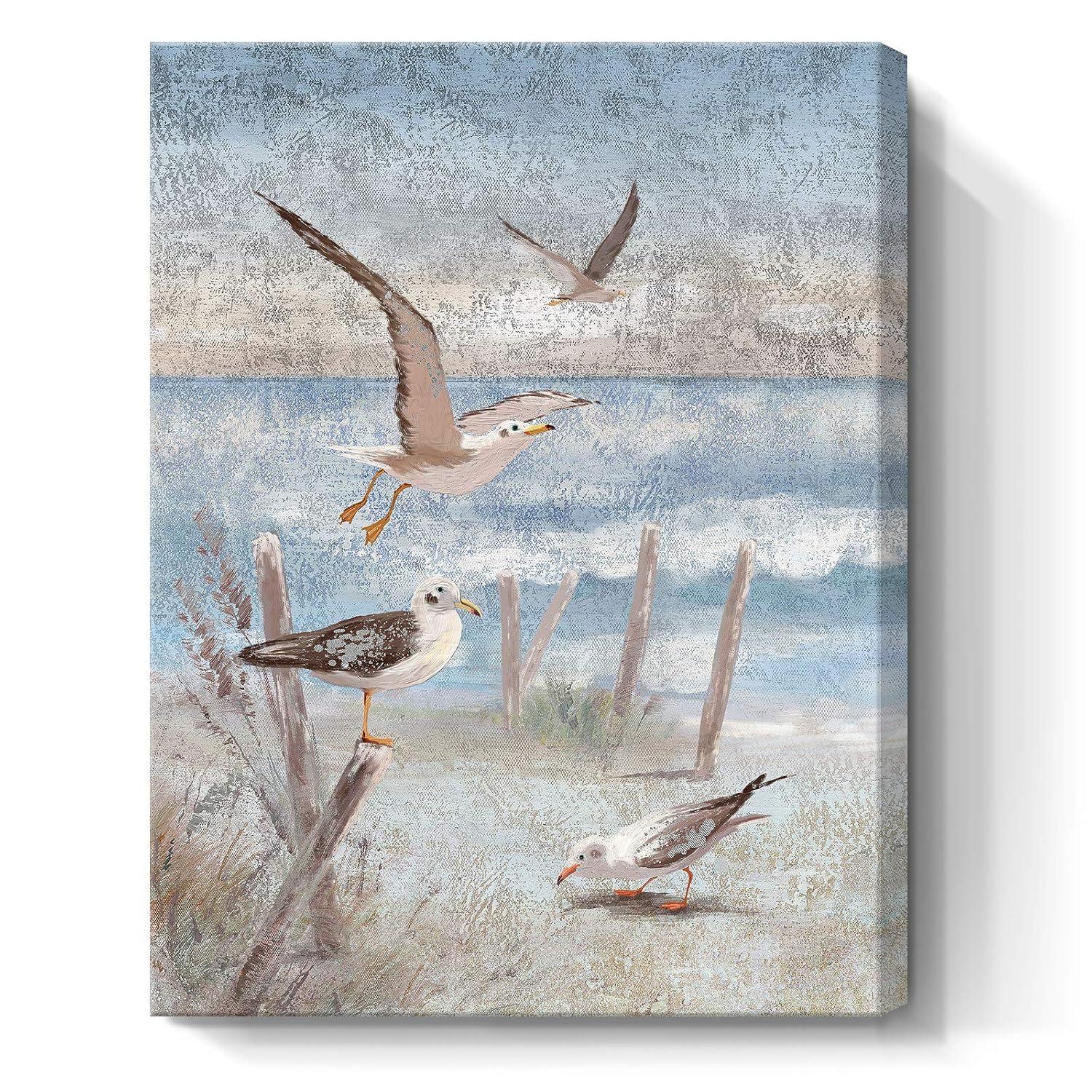 ARTZON Beach Wall Art Bathroom Decor Ocean Theme Canvas Print Coastal Painting Perching Bird by The Sea Shore Abstract Seascape Picture Framed Artwork for Bedroom Living Room Office Ready to Hang 12x16inch