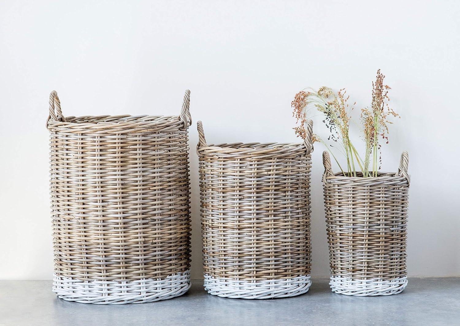 Set of 3 Decorative Rattan Baskets with White Base and  Handles Beige - Storied Home