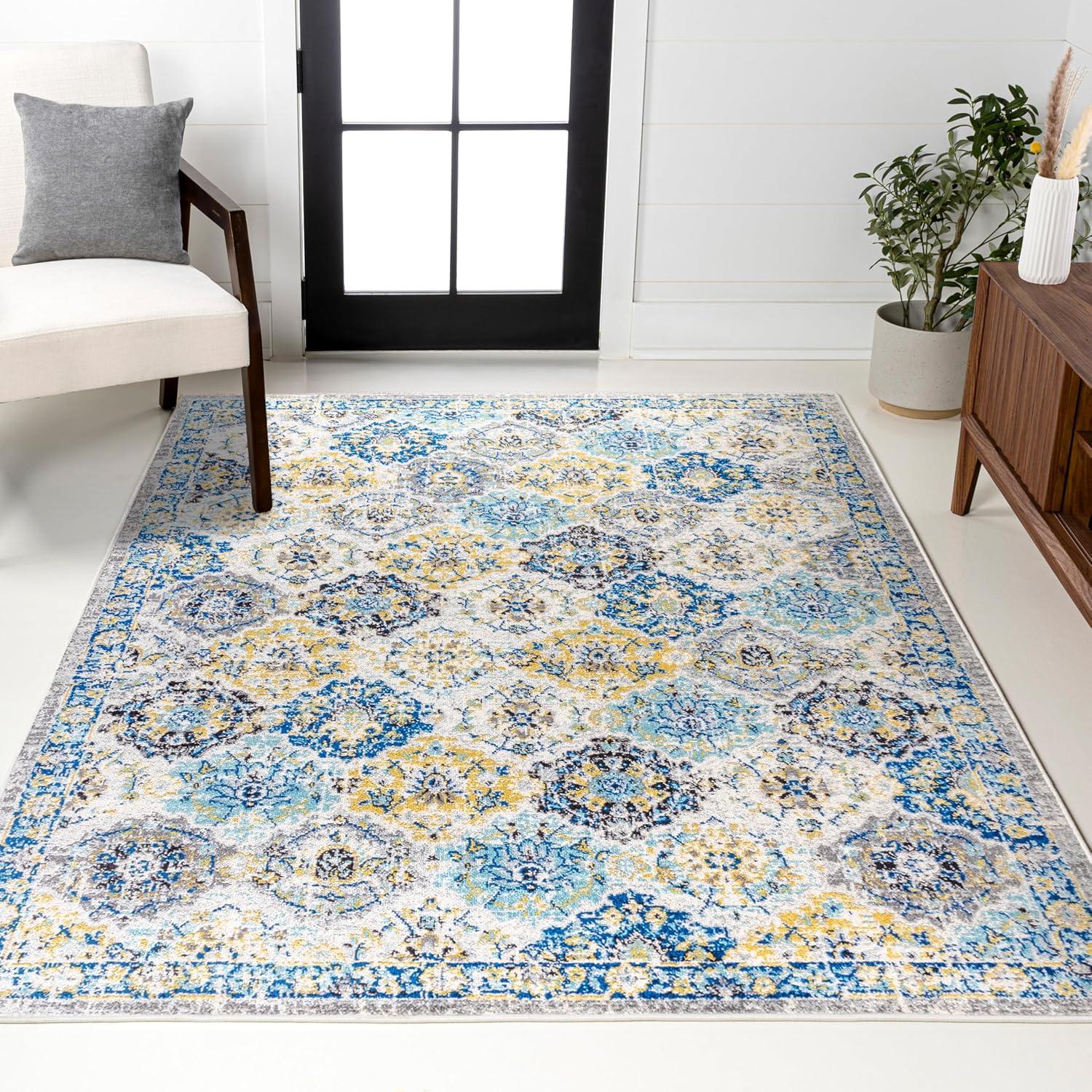 5'x8' Modern Persian Boho Vintage Trellis Area Rug, Blue/Multi - JONATHAN Y