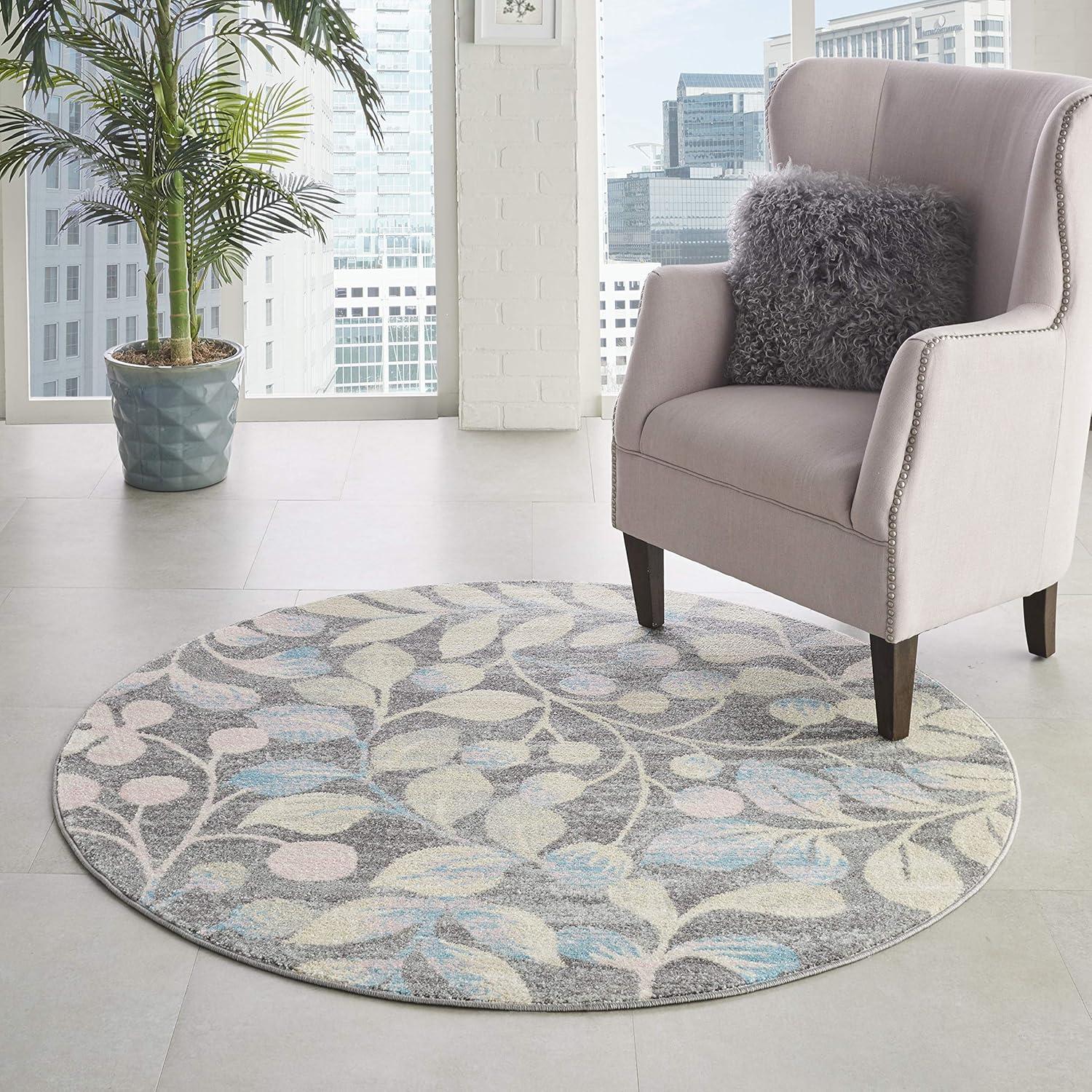 Nourison Tranquil 5'3" X ROUND (5' Round) Grey/Beige Area Rug Contemporary Botanical Vine and Bloom by Nourison