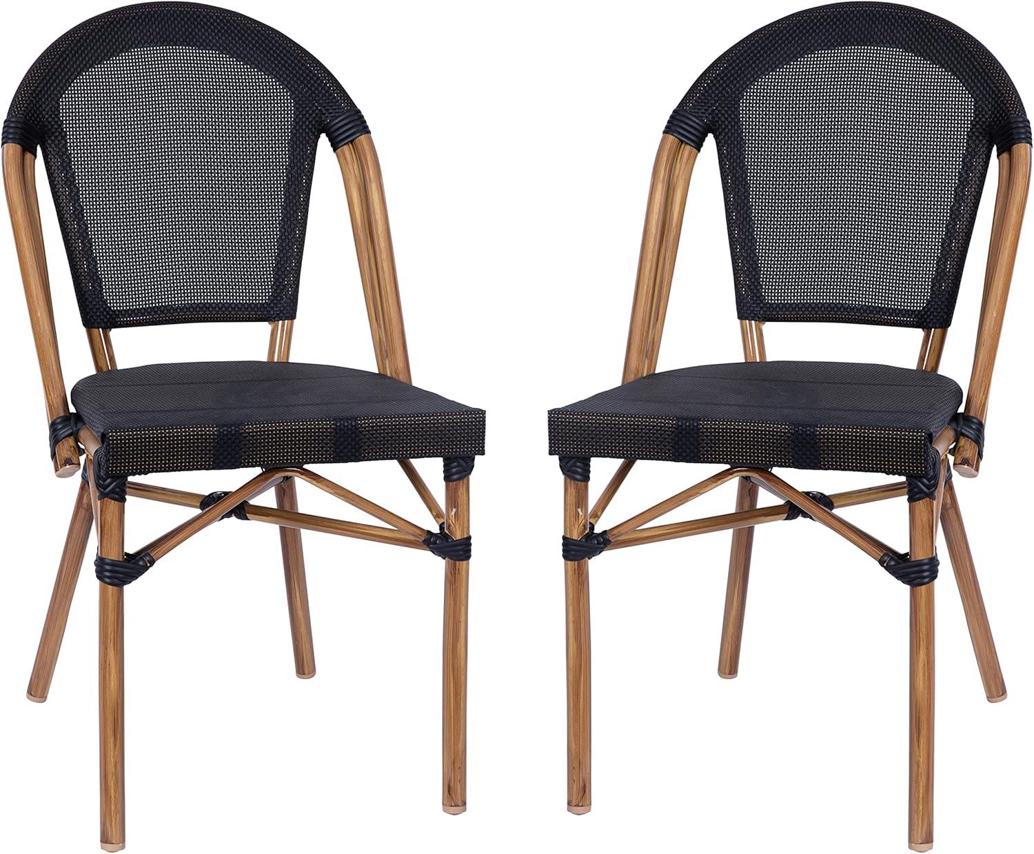 Black and Natural Armless Stacking Bistro Chairs with Metal Frame, Set of 2