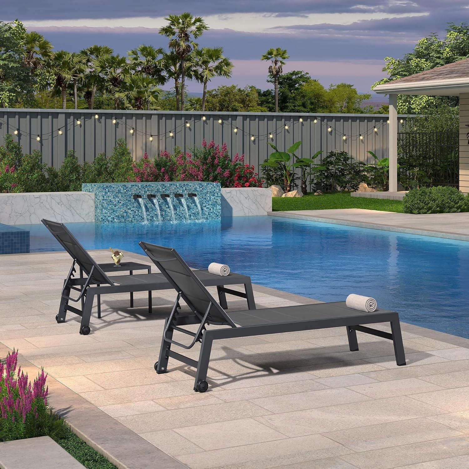 Gray Aluminum Outdoor Chaise Lounge Set with Side Table