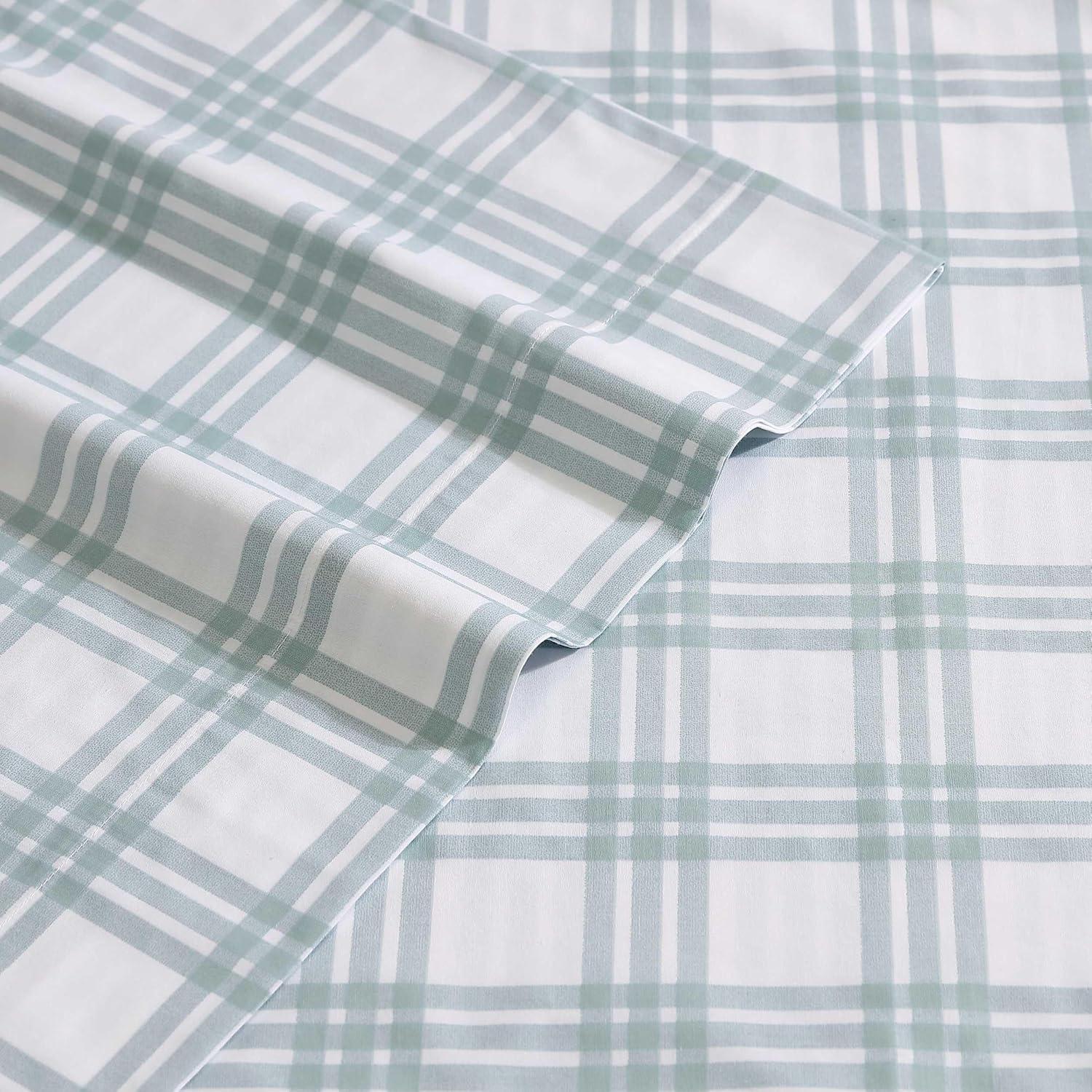 Queen White and Pale Green Plaid Cotton Percale Sheet Set