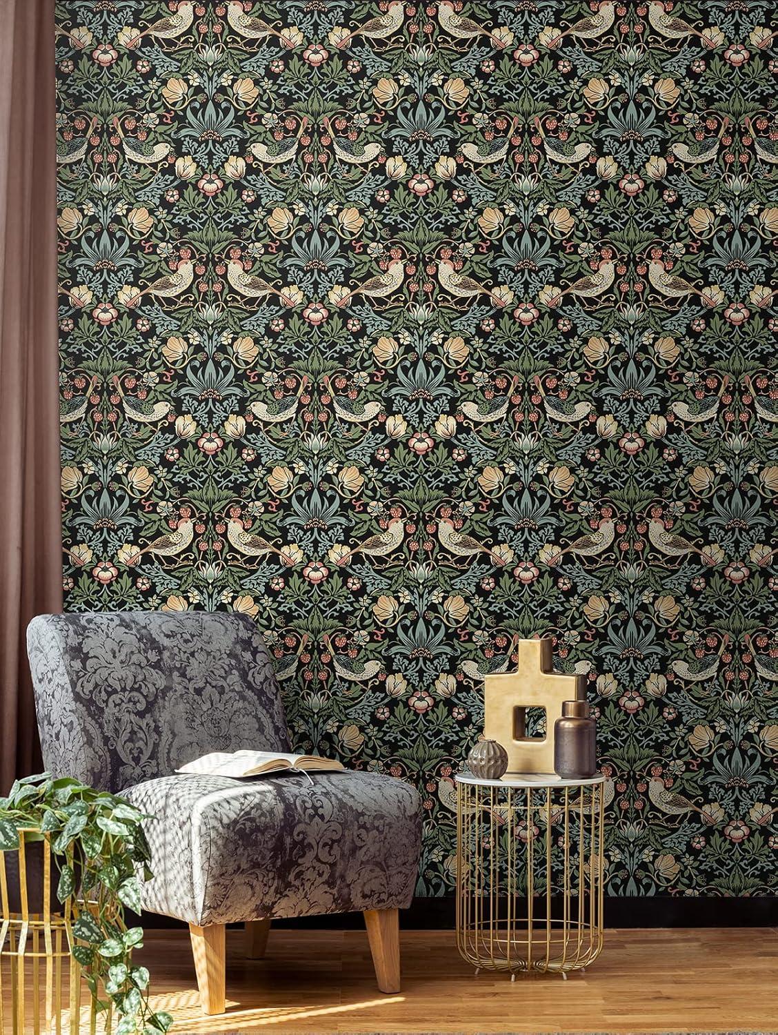 NextWall Aves Garden Peel and Stick Wallpaper Black: Whimsical Vintage Bird & Floral Design, Repositionable, Washable