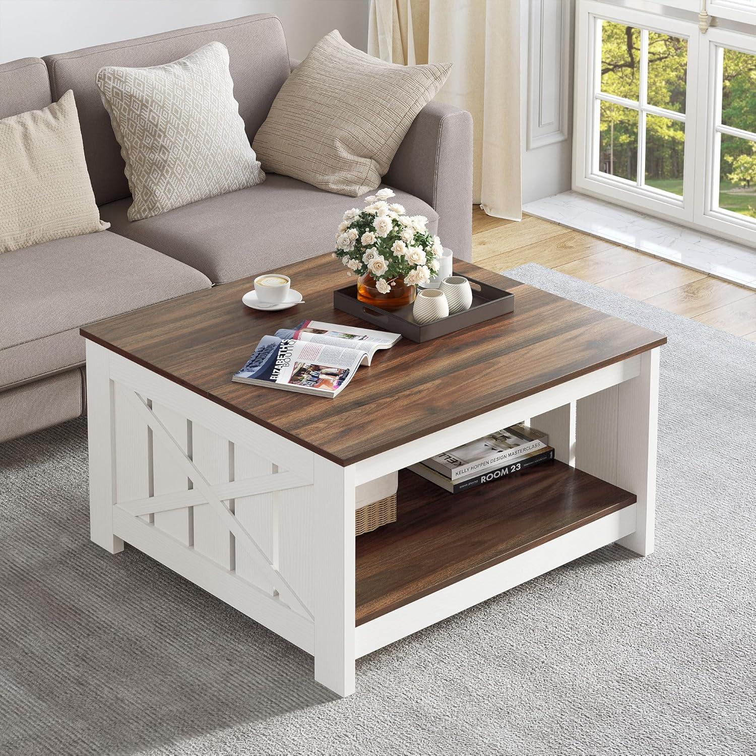 YITAHOME Coffee Table Farmhouse Coffee Table with Storage Rustic Wood Cocktail Table, Square Coffee Tables for Living Meeting Room with Half Open Storage Compartment, Brown with White