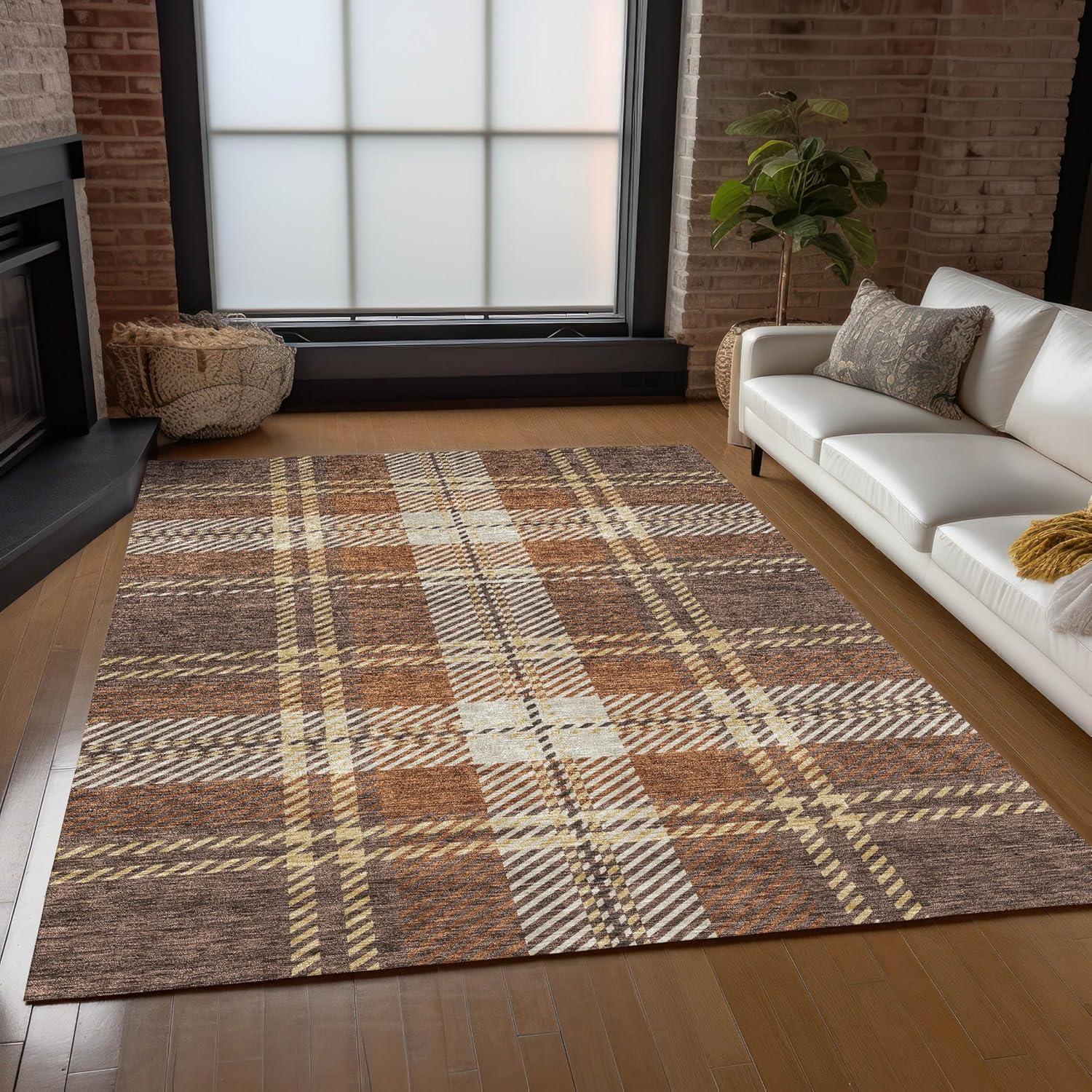 Brown Plaid Synthetic Indoor/Outdoor Washable Rug 5' x 7'