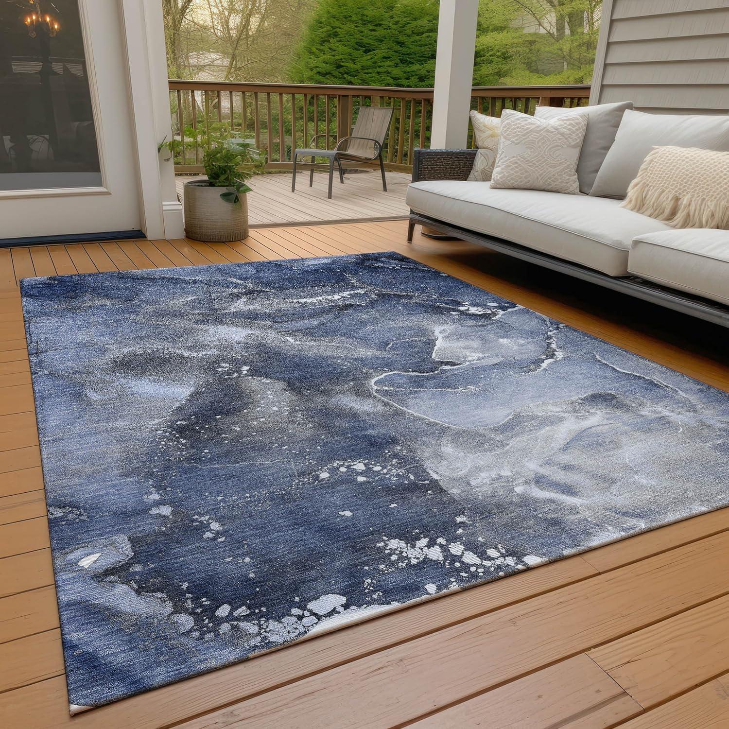 Blue and Gray Watercolor Pattern Indoor Outdoor Area Rug