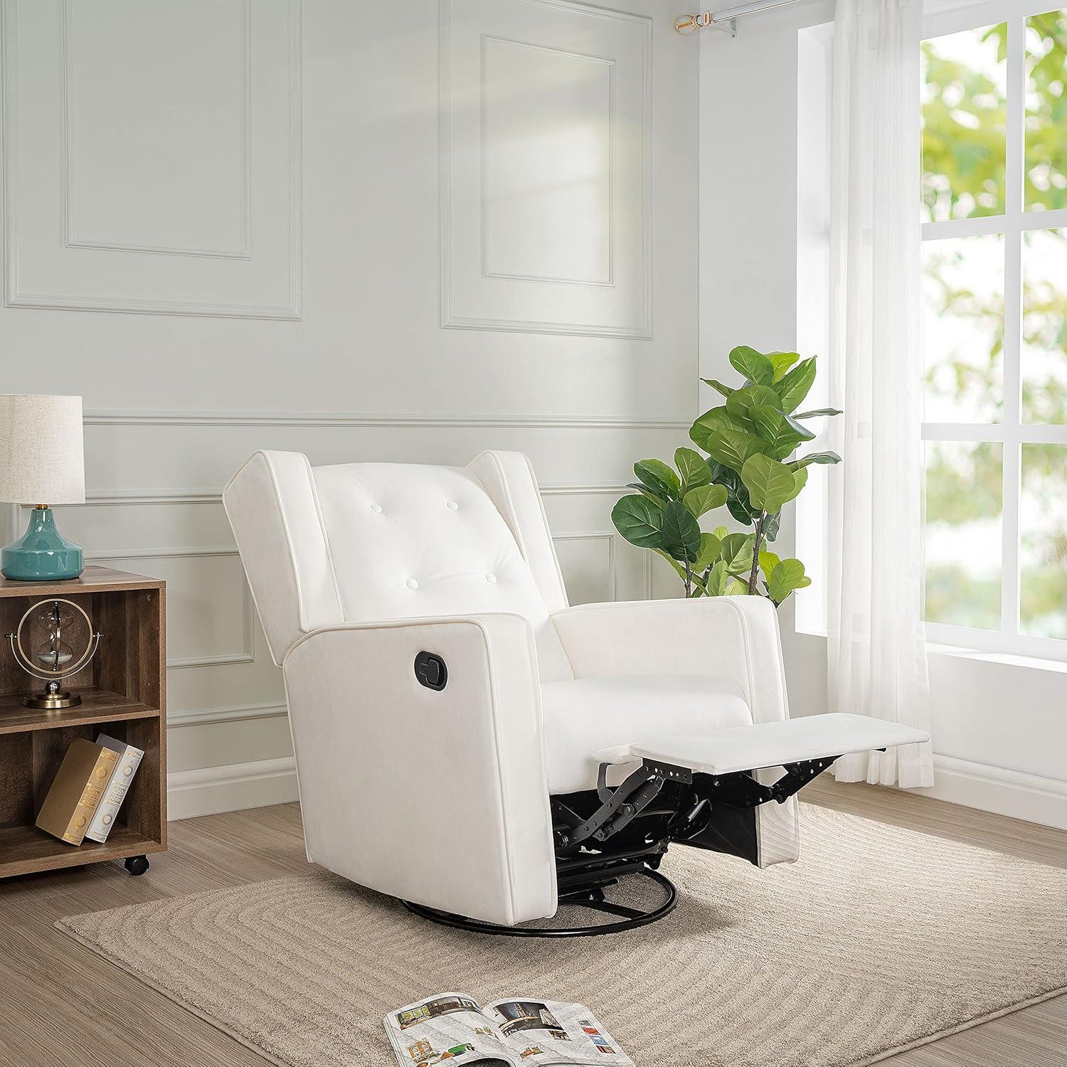 Odelia 360 Swivel Glider Rocker Recliner, Tufted Nursery Chair with Manual Puller, Plush Cushioning, Soothing Rocking Motion with Microfiber Fabric for Living Room, Bedroom, Apartment Cream