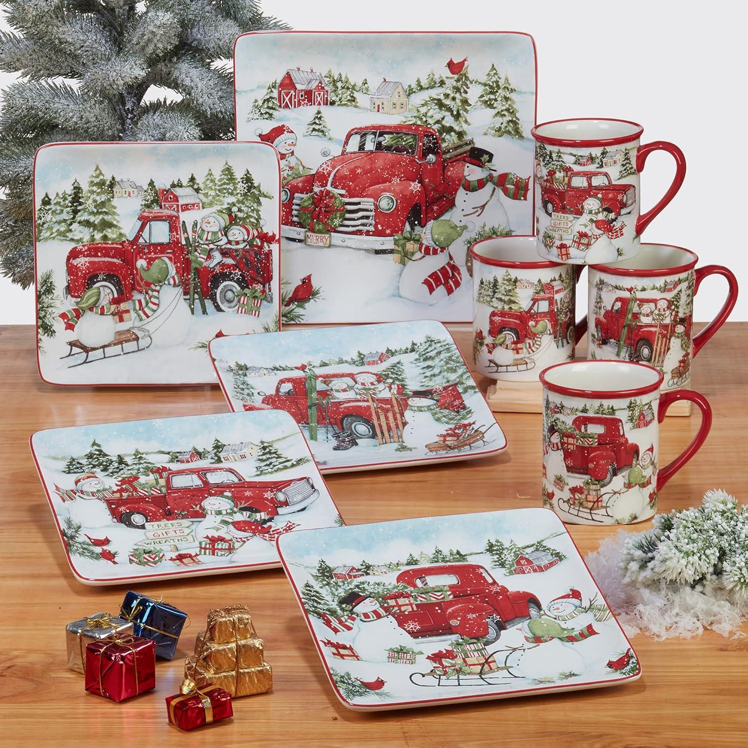 Set of 4 Red Truck Snowman 16oz Drinkware Mugs - Certified International