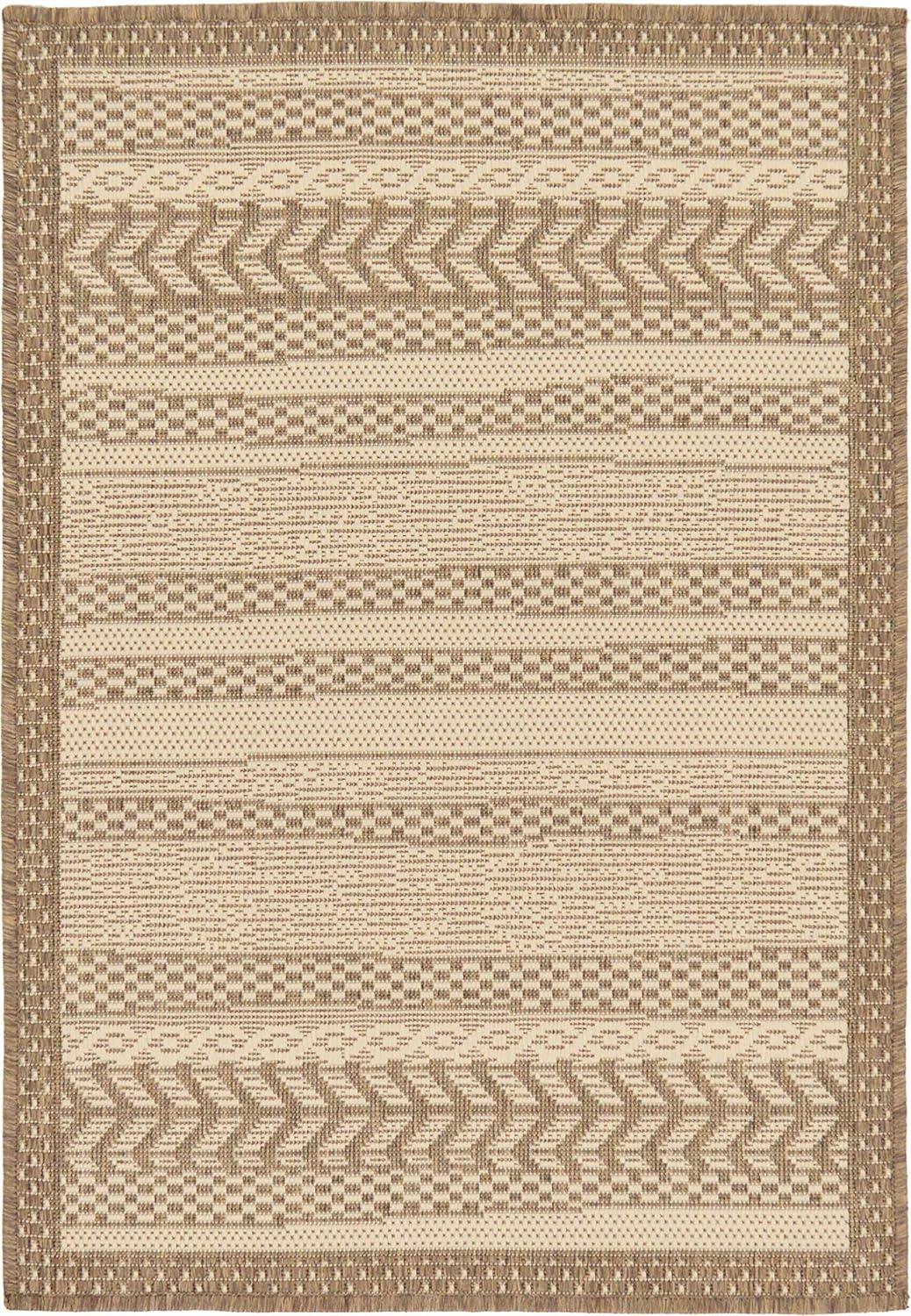 Unique Loom Outdoor Border Collection Area Rug - Lines (6' 1" Square Beige/Brown)