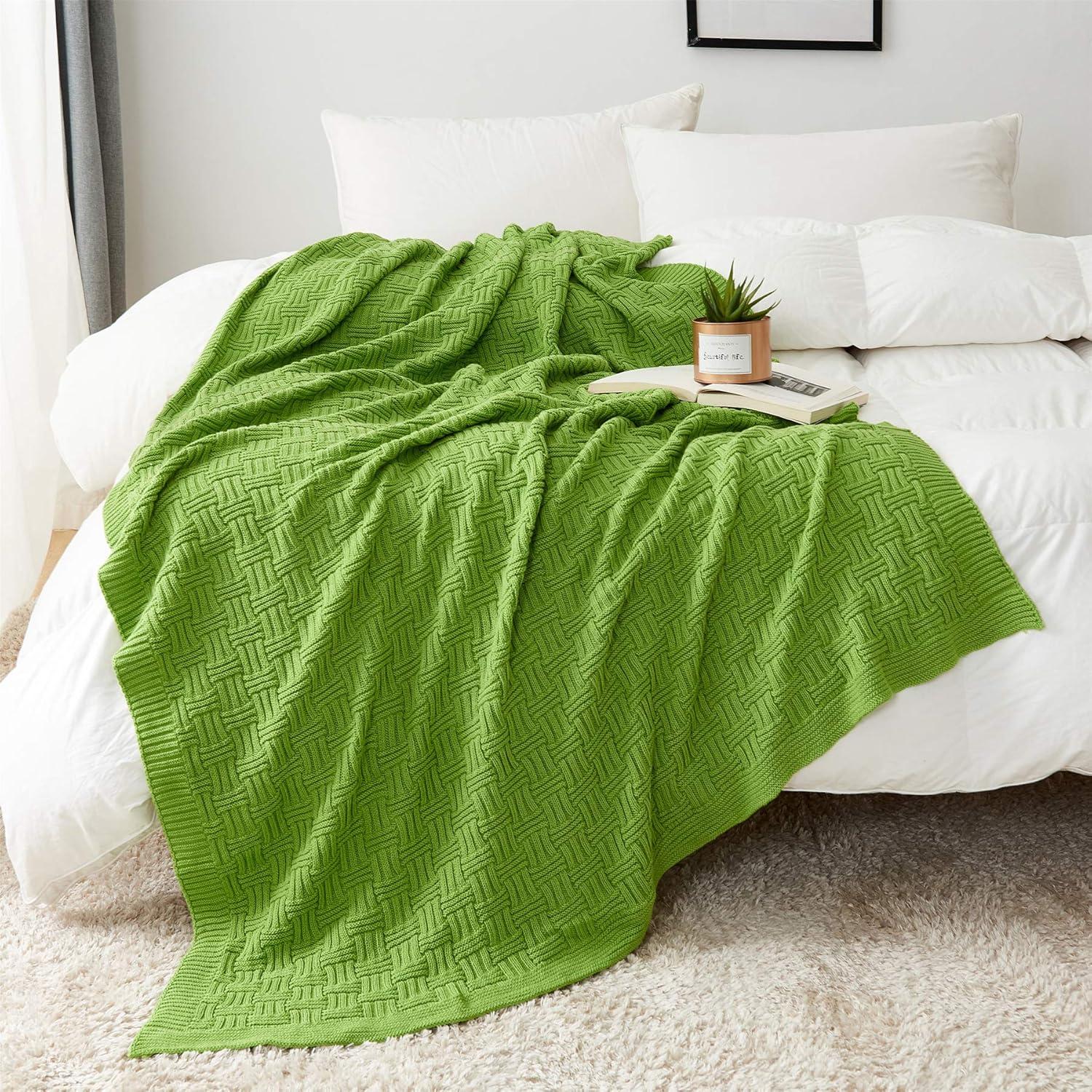 Longhui bedding Cotton Cable Green Knit Throw Blanket for Couch Chairs Bed Beach, Home Decorative Throws Blankets, 50 x 60 Inch, 2.2lb
