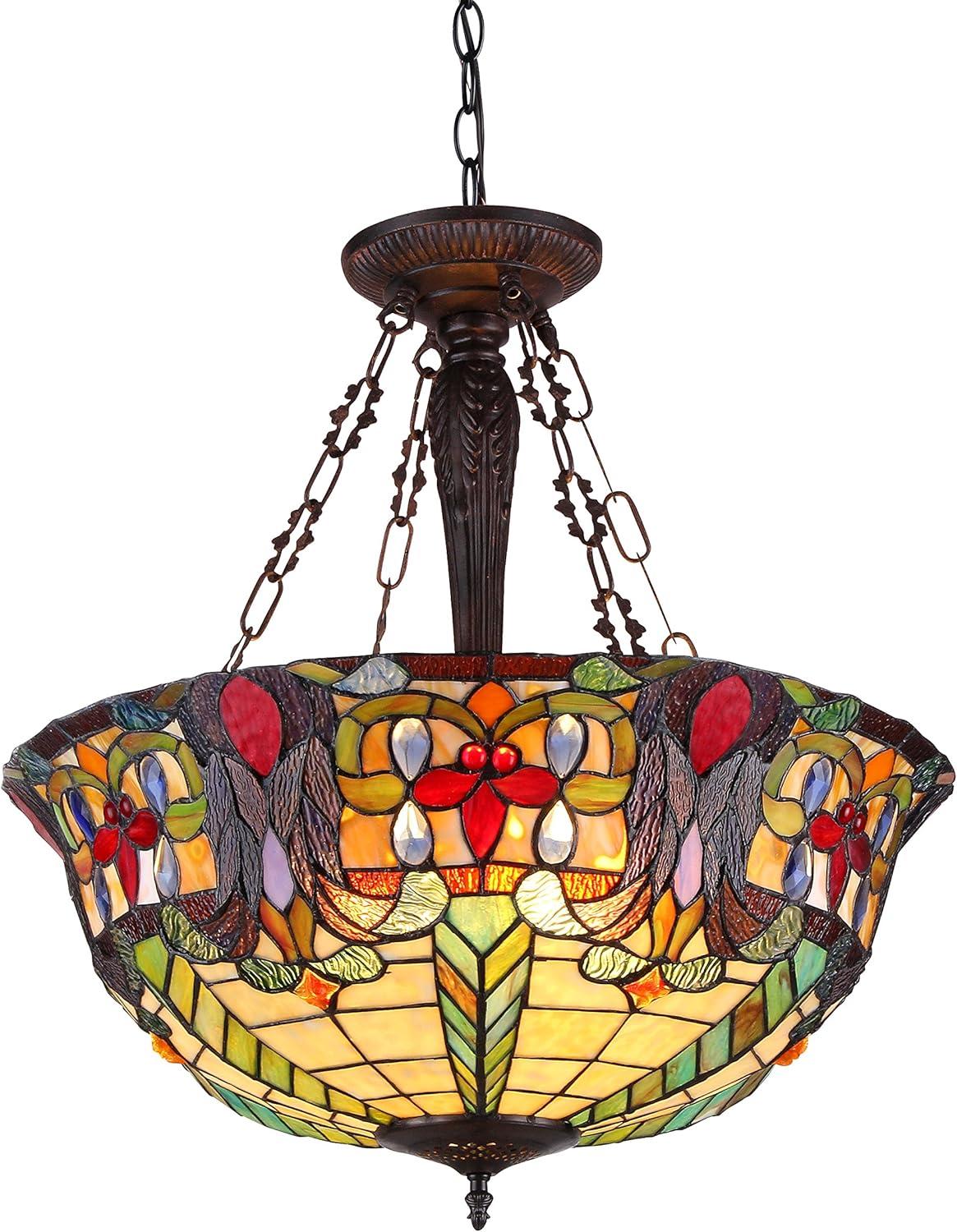 Antique Bronze Victorian Inverted Ceiling Pendant with Stained Glass Shade