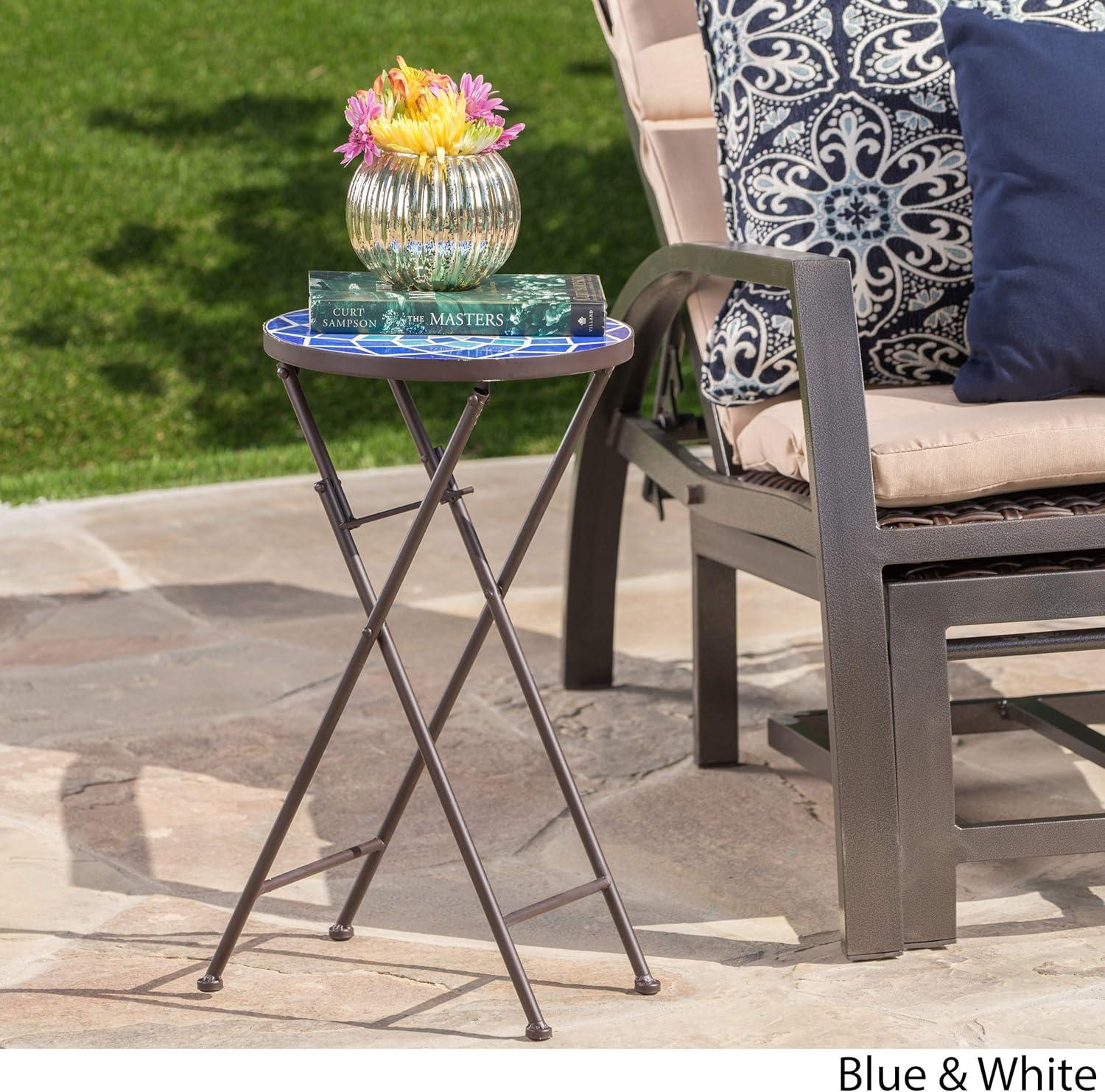 Fleur De Lis Living Folding Blue and White Top Side Table with Iron Frame, Multifunctional Plant or Beverage Stand